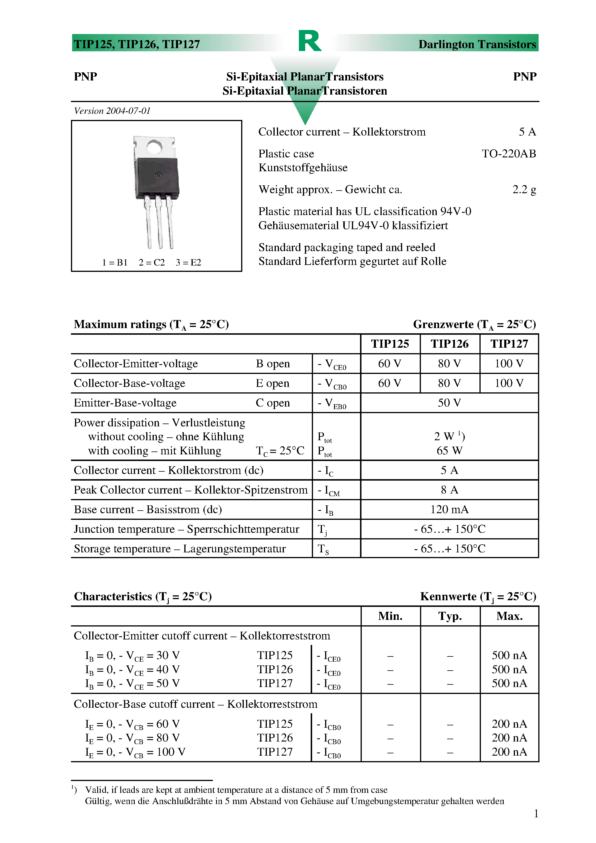 Даташит TIP127 - Si-Epitaxial PlanarTransistors страница 1