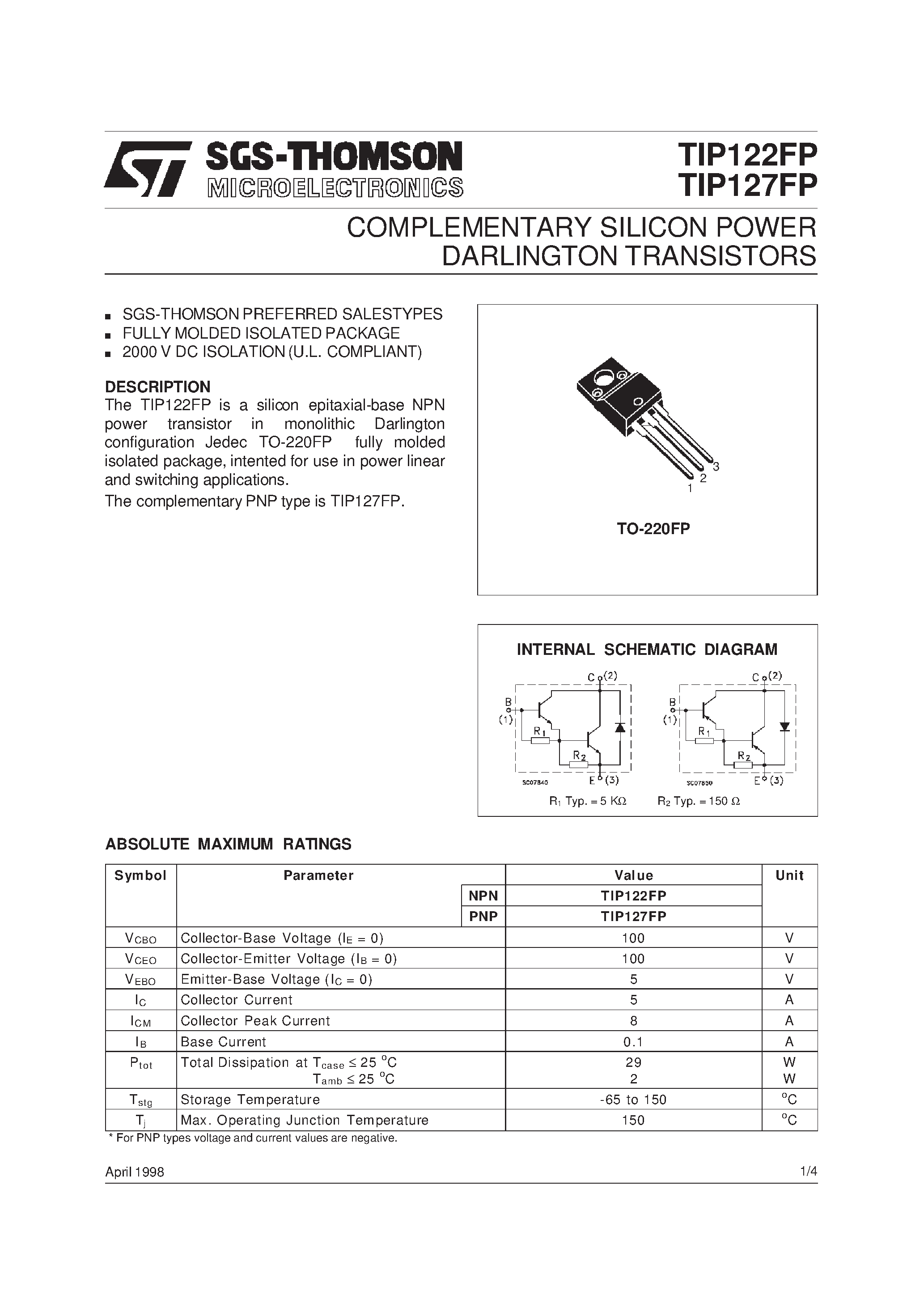 Даташит TIP127FP - COMPLEMENTARY SILICON POWER DARLINGTON TRANSISTORS страница 1
