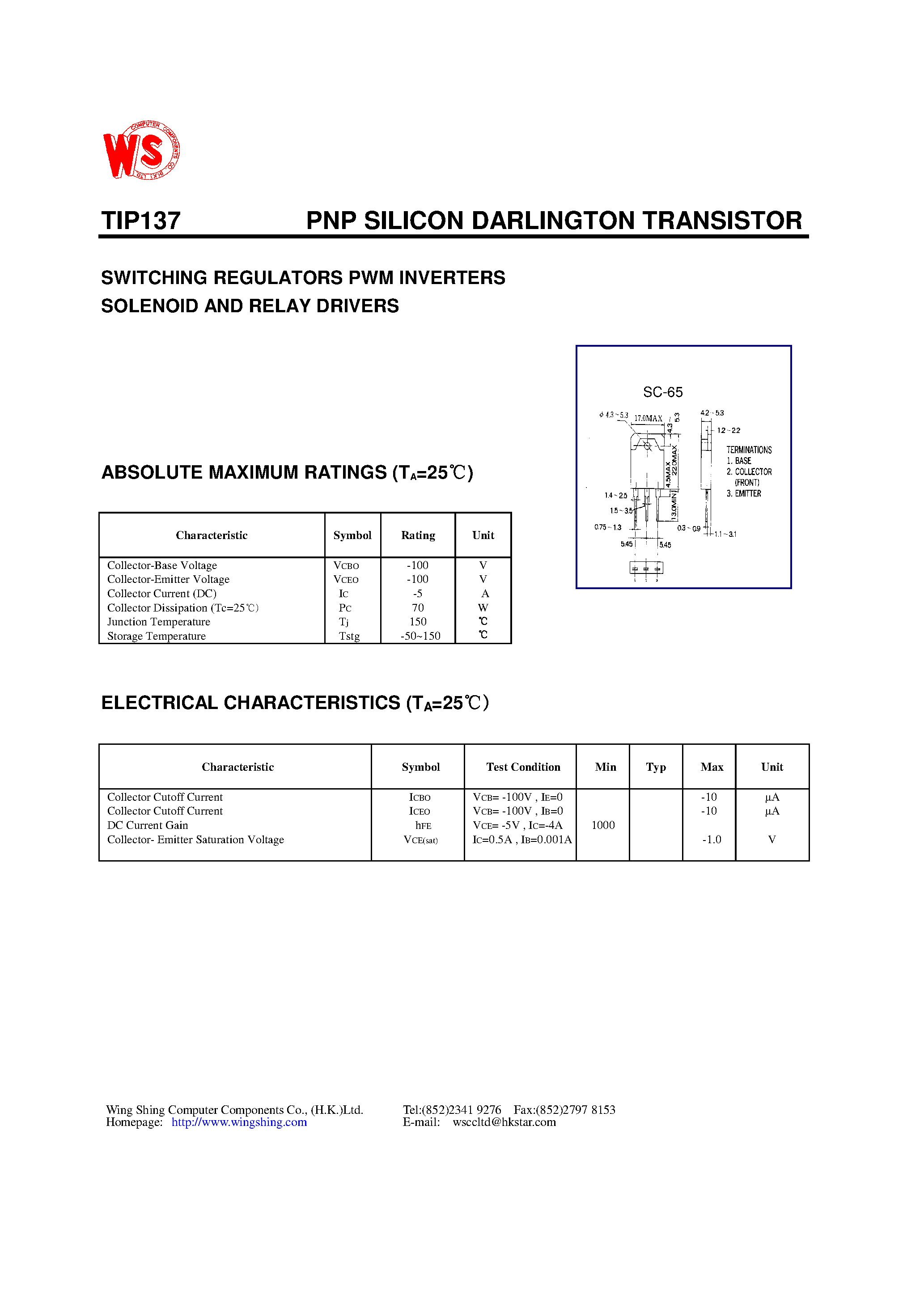 Даташит TIP137 - PNP SILICON DARLINGTON TRANSISTOR(SWITCHING REGULATORS PWM INVERTERS SOLENOID AND RELAY DRIVERS) страница 1