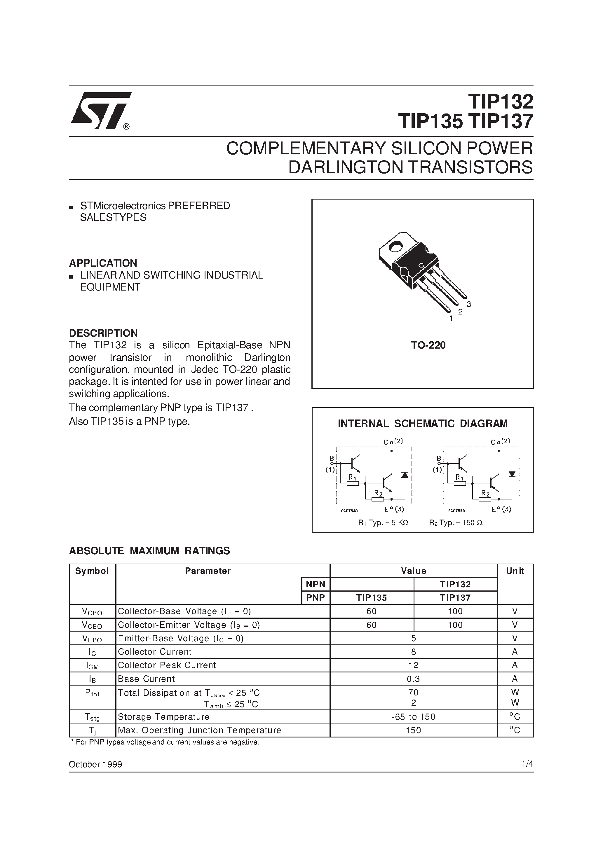 Даташит TIP137 - COMPLEMENTARY SILICON POWER DARLINGTON TRANSISTORS страница 1