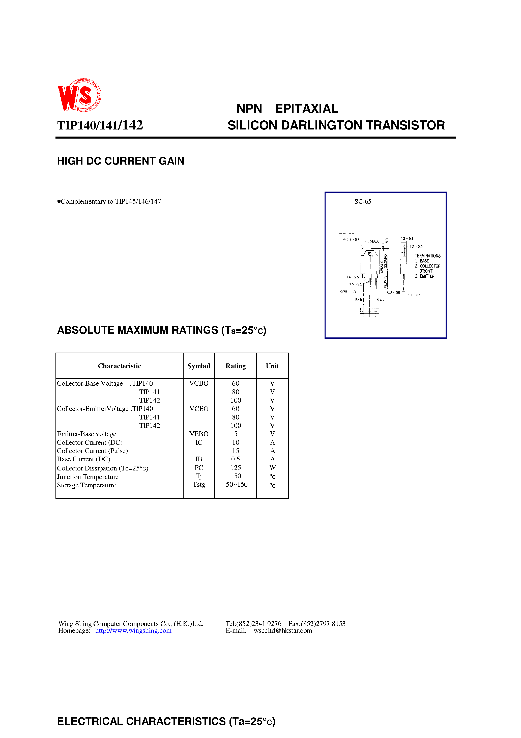 Даташит TIP141 - NPN EPITAXIAL SILICON DARLINGTON TRANSISTOR(HIGH DC CURRENT GAIN) страница 1