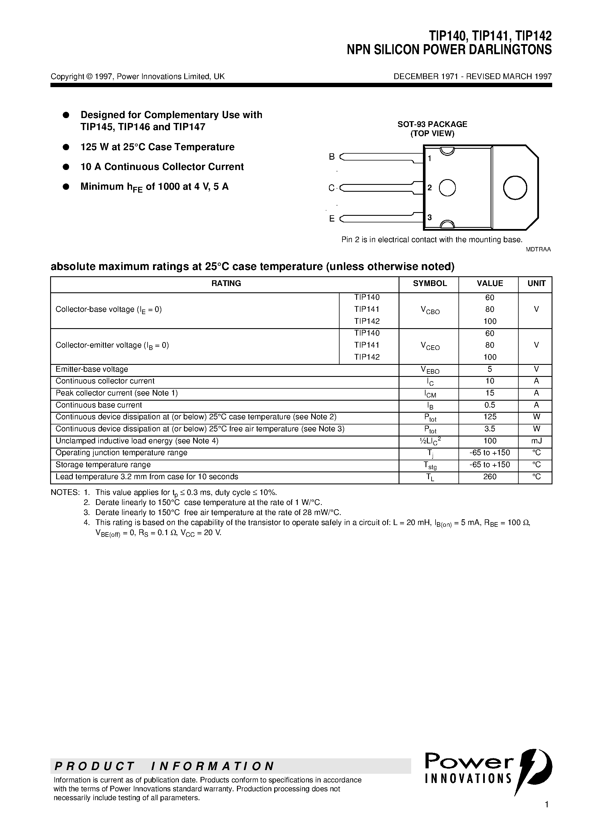 Даташит TIP141 - NPN SILICON POWER DARLINGTONS страница 1