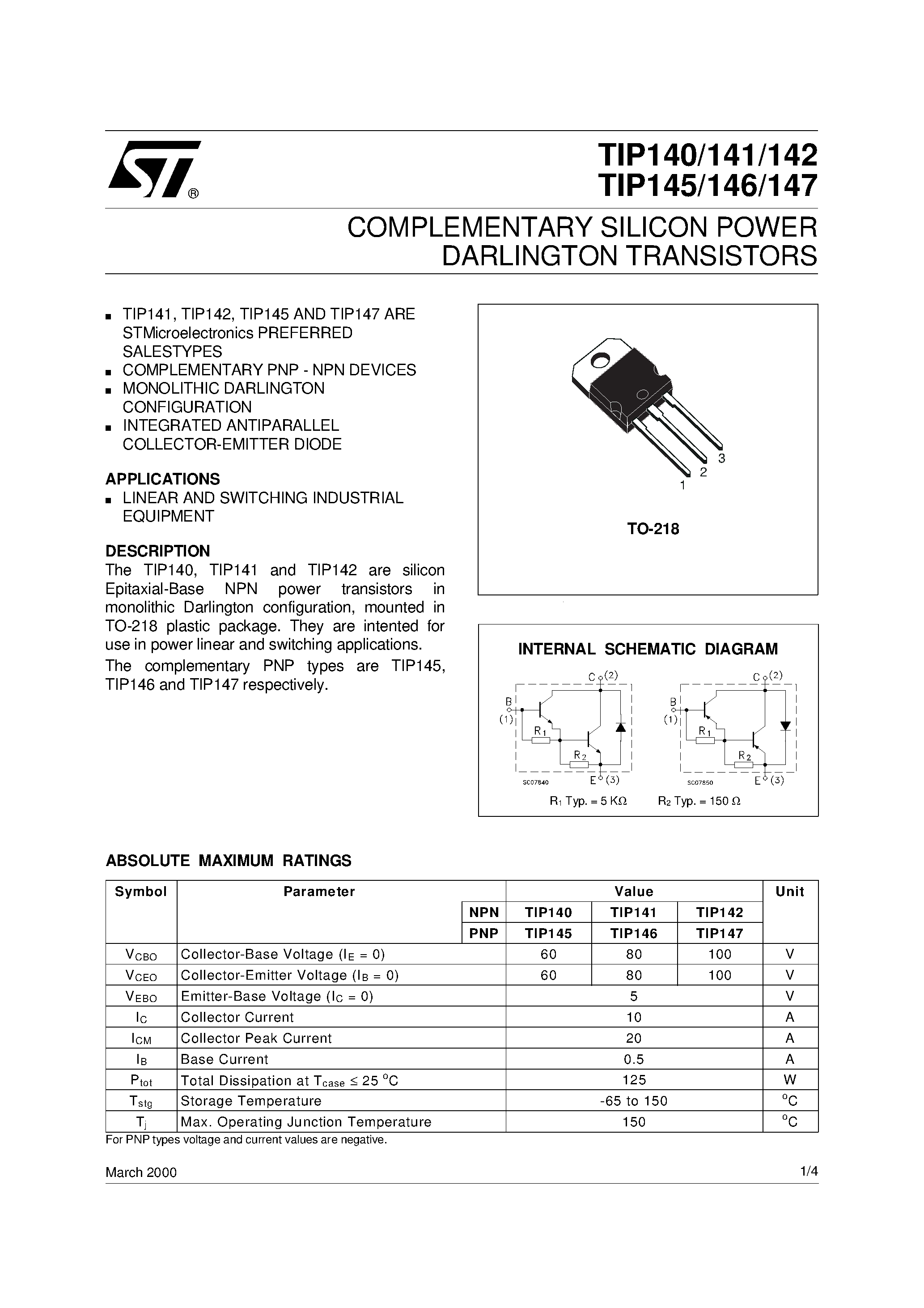 Даташит TIP142 - COMPLEMENTARY SILICON POWER DARLINGTON TRANSISTORS страница 1