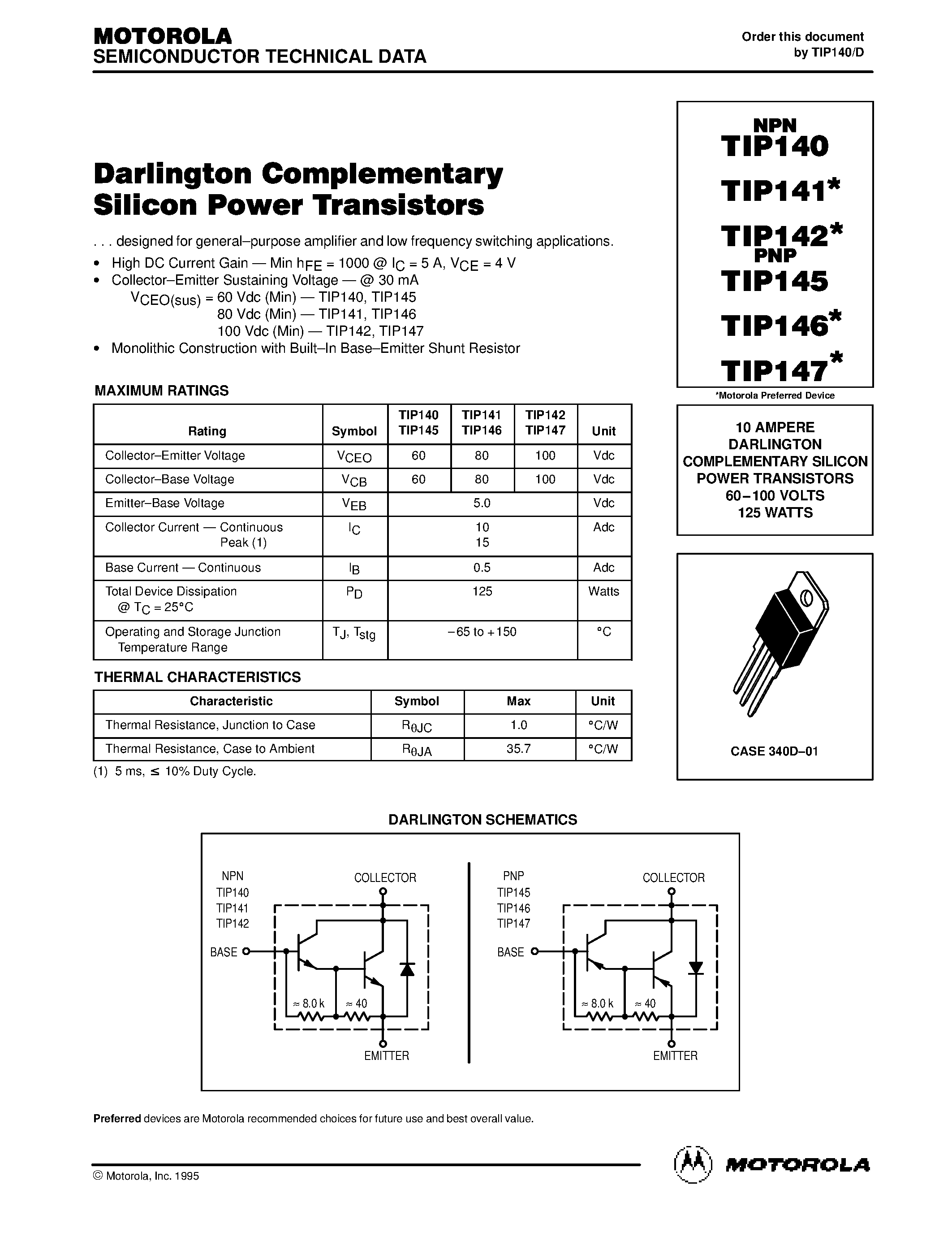 Даташит TIP142 - 10 AMPERE DARLINGTON COMPLEMENTARY SILICON POWER TRANSISTORS страница 1