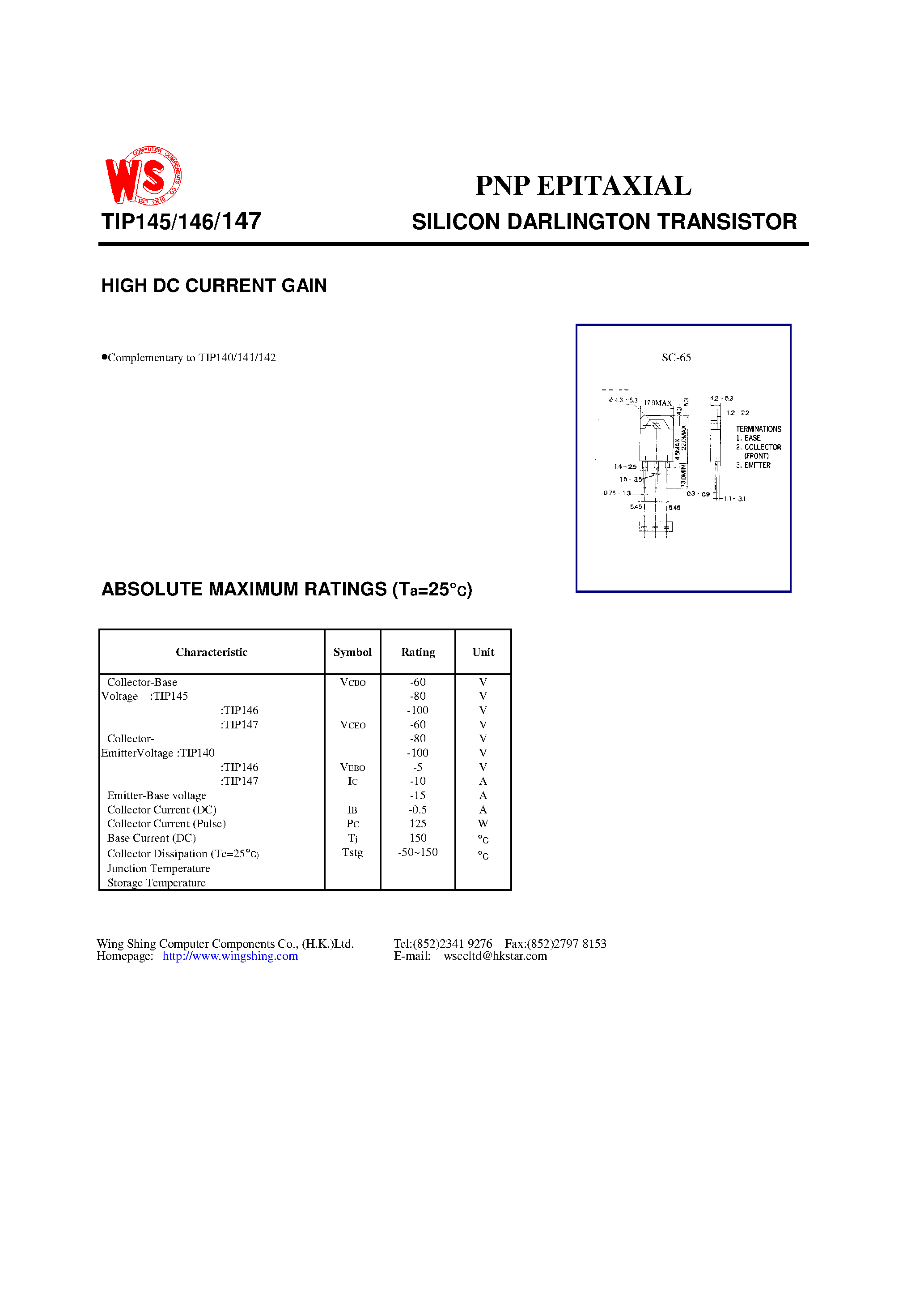 Даташит TIP145 - SILICON DARLINGTON TRANSISTOR PNP EPITAXIAL(HIGH DC CURRENT GAIN) страница 1