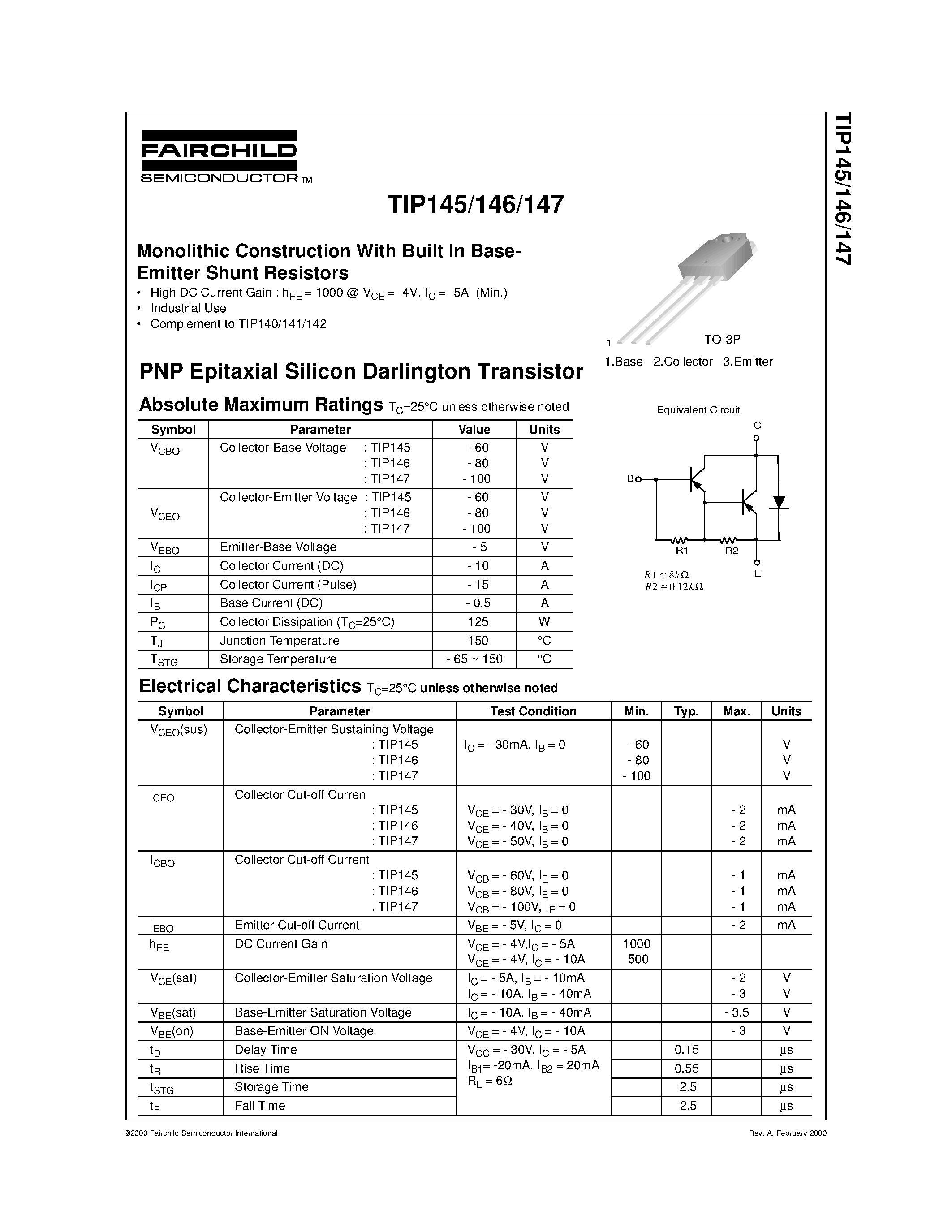 Даташит TIP145 - Monolithic Construction With Built In Base- Emitter Shunt Resistors страница 1