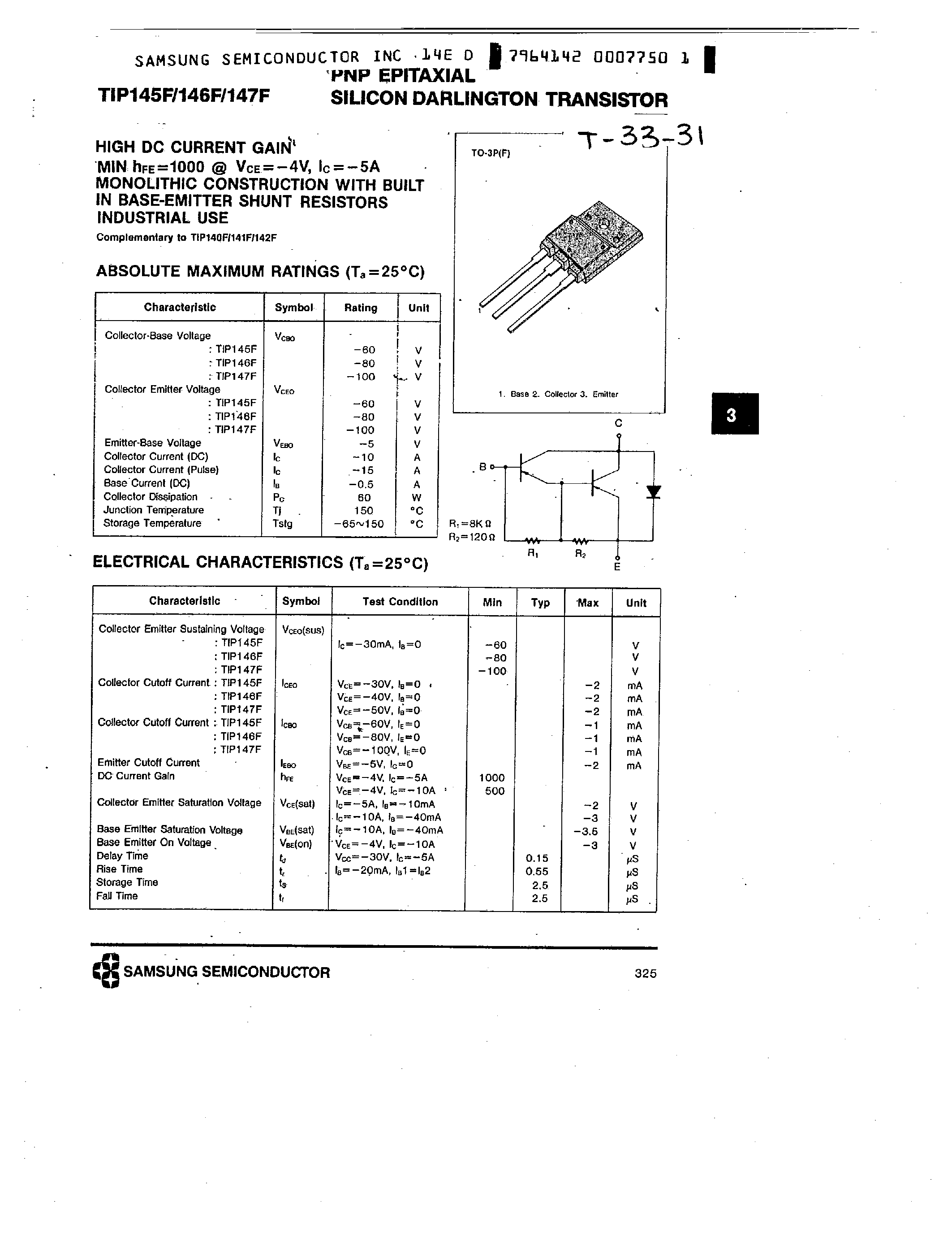 Даташит TIP145F - PNP (HIGH DC CURRENT GAIN) страница 1
