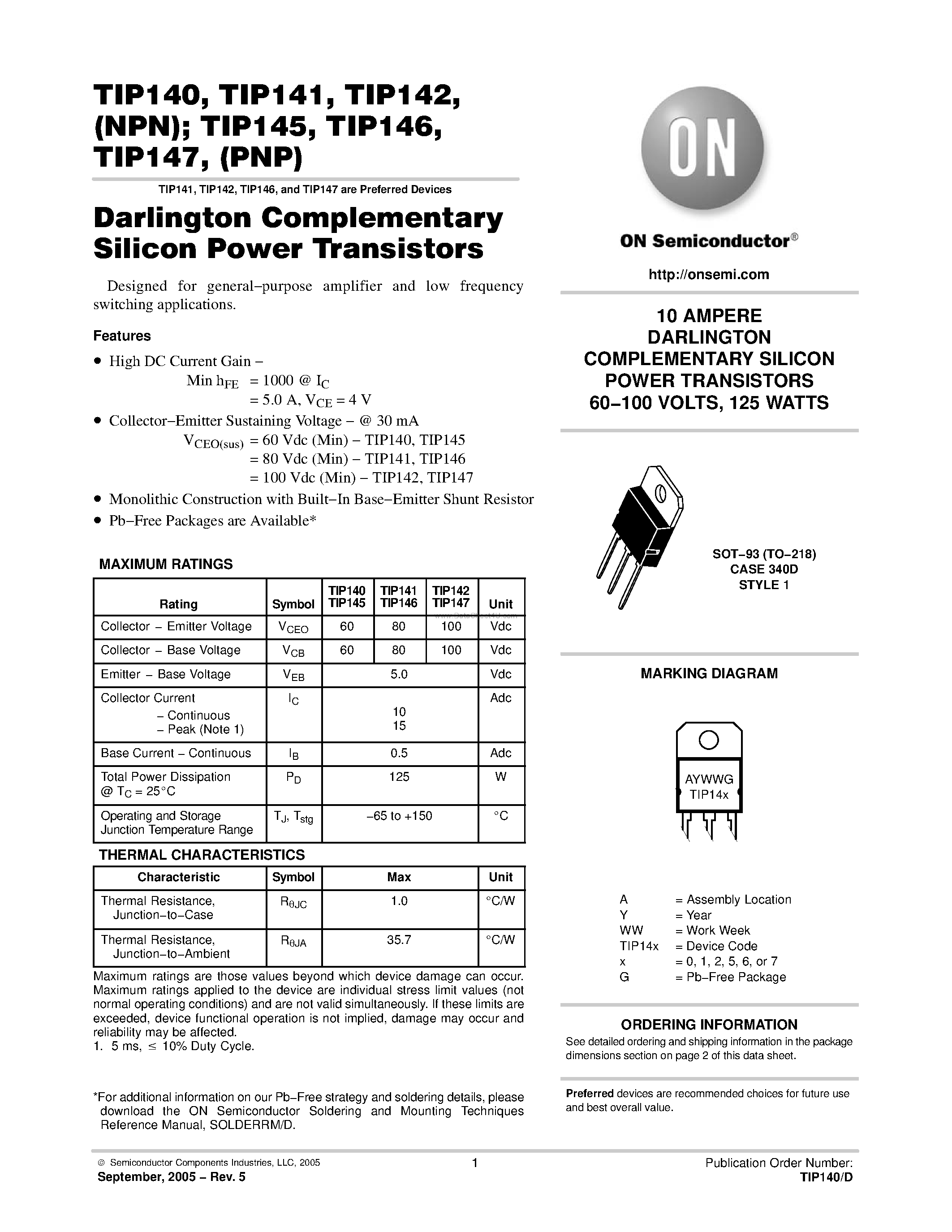 Даташит TIP147 - DARLINGTON COMPLEMENTARY SILICON POWER TRANSISTORS страница 1