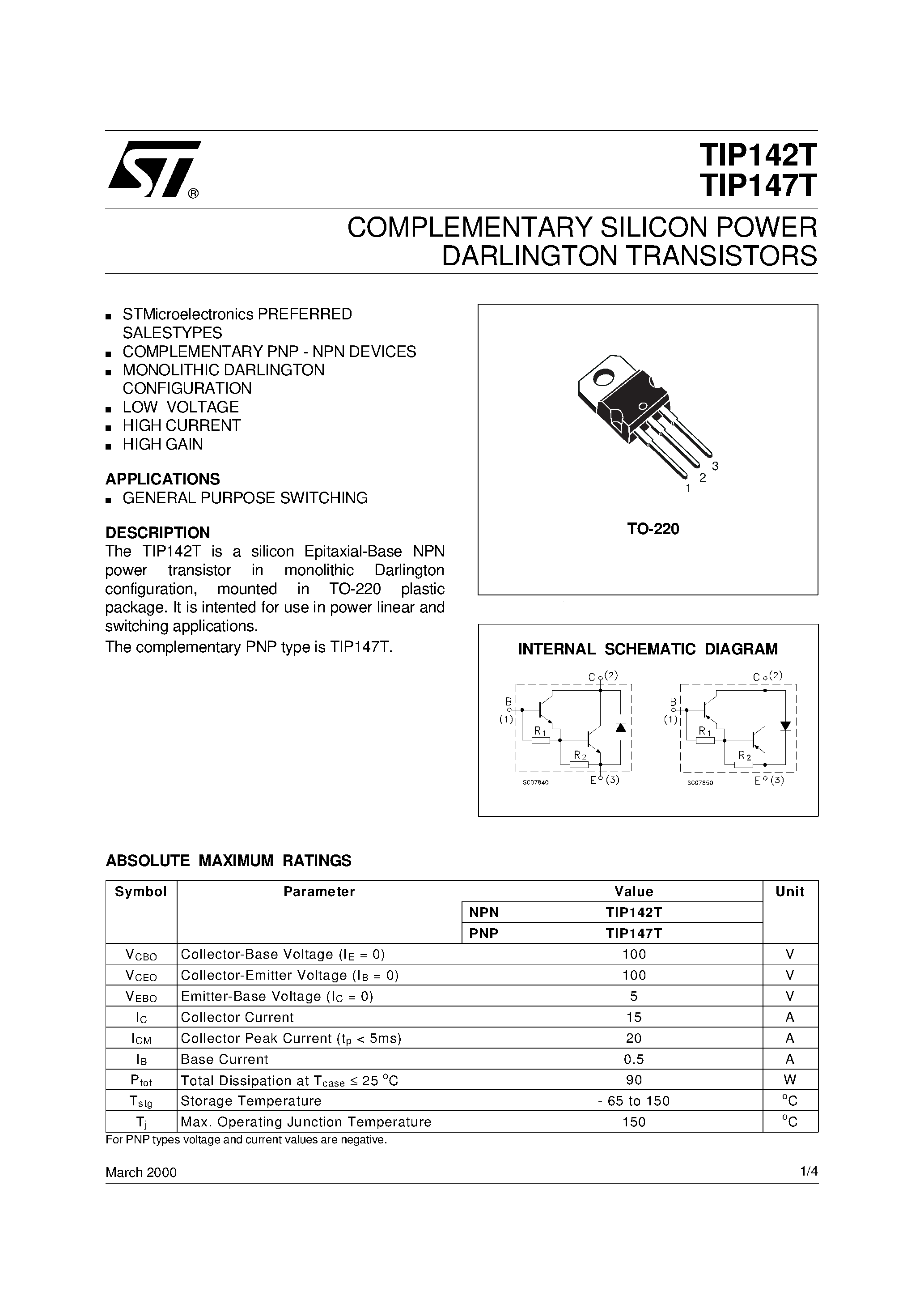 Даташит TIP147T - COMPLEMENTARY SILICON POWER DARLINGTON TRANSISTORS страница 1