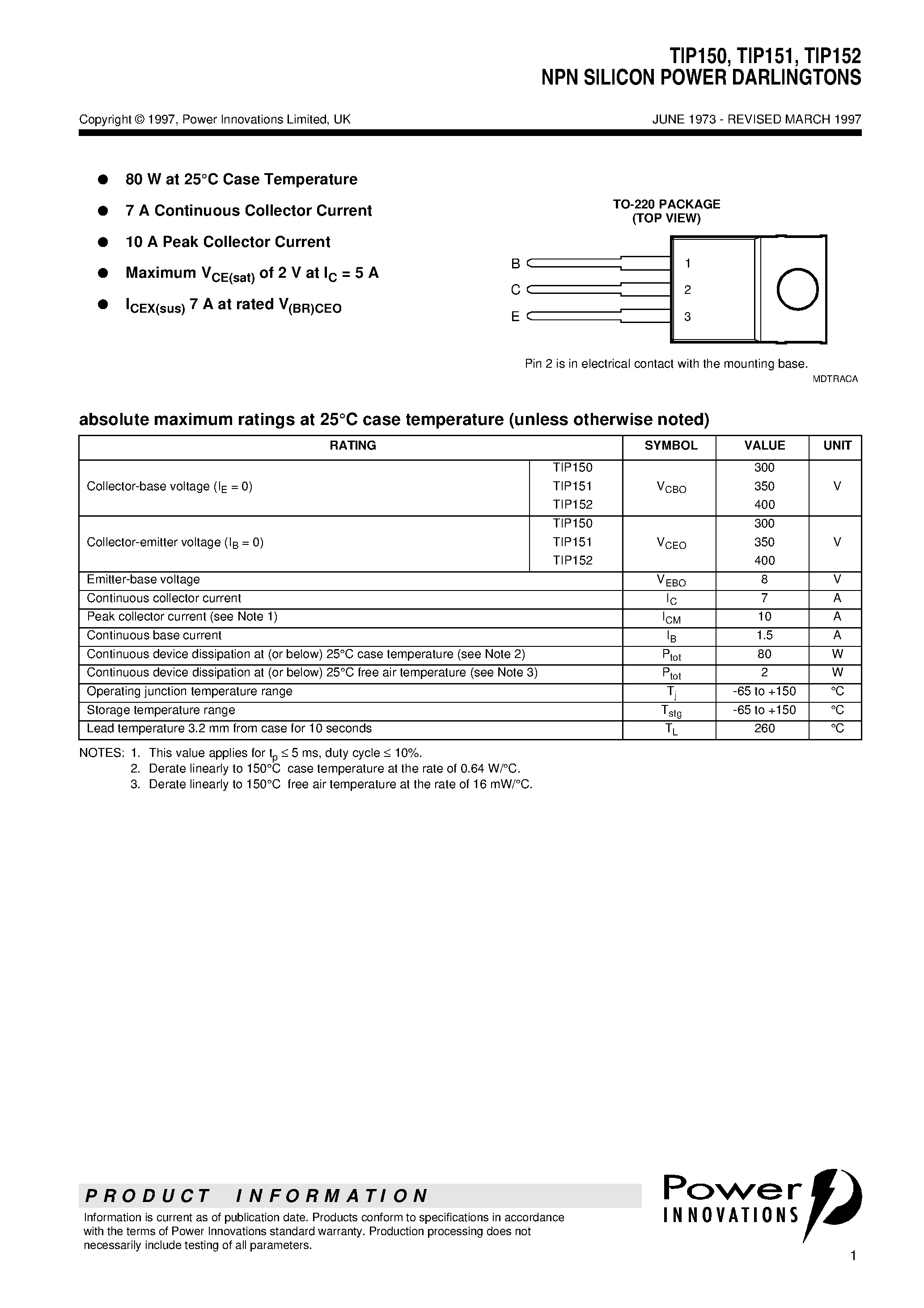 Даташит TIP150 - NPN SILICON POWER DARLINGTONS страница 1