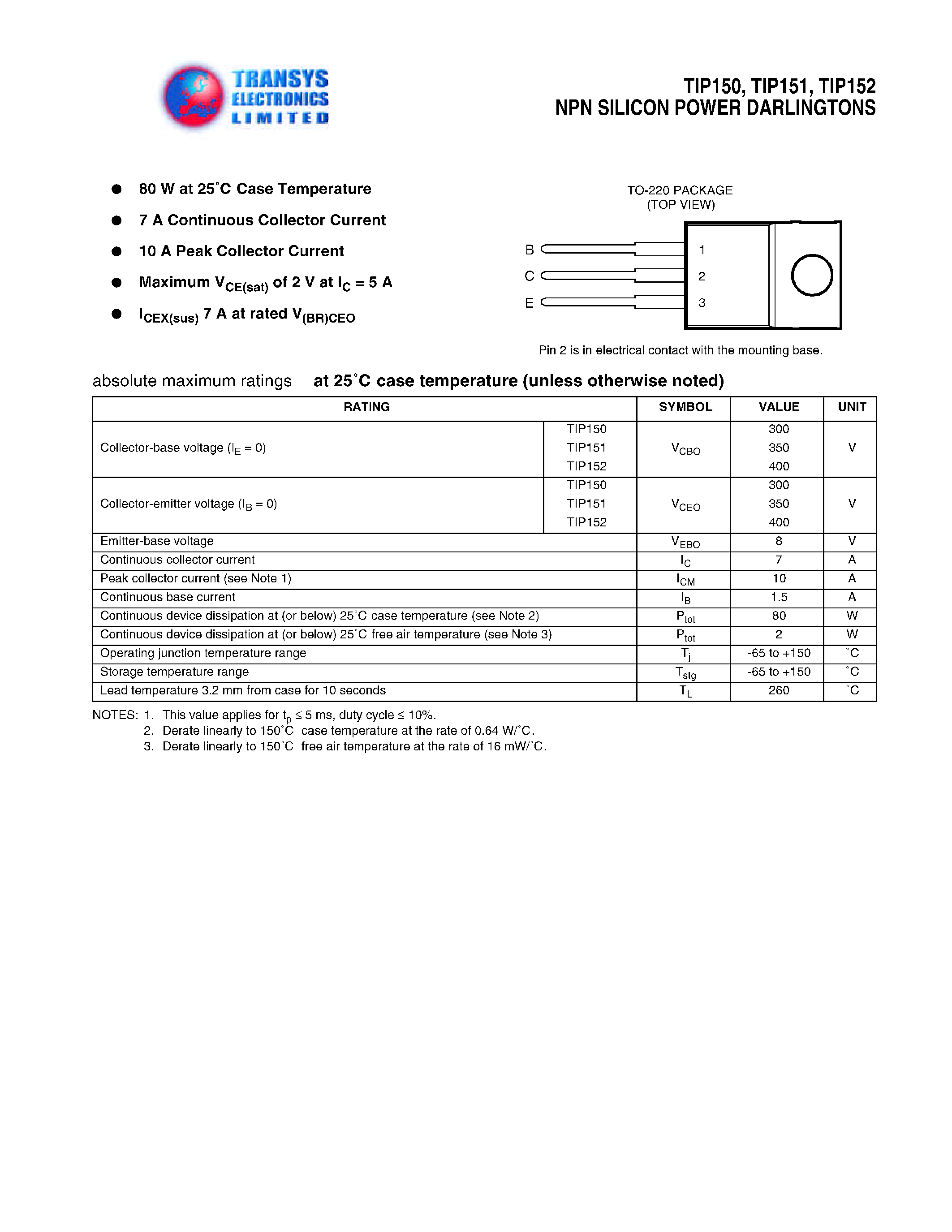 Даташит на микросхему TIP152 страница 1 Даташит TIP152 - NPN SILICON POWER DARLINGTONS страница 1