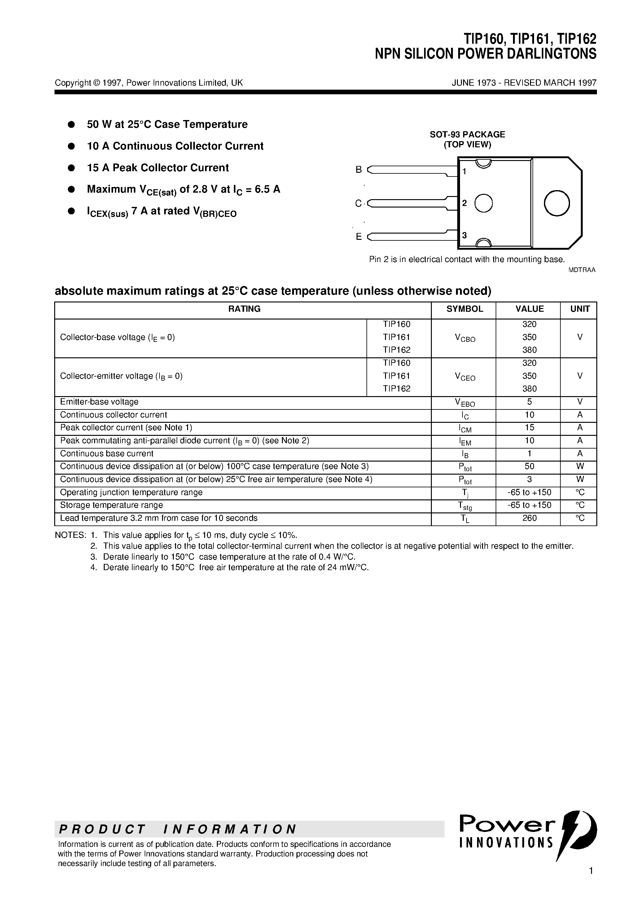 Даташит TIP162 - NPN SILICON POWER DARLINGTONS страница 1