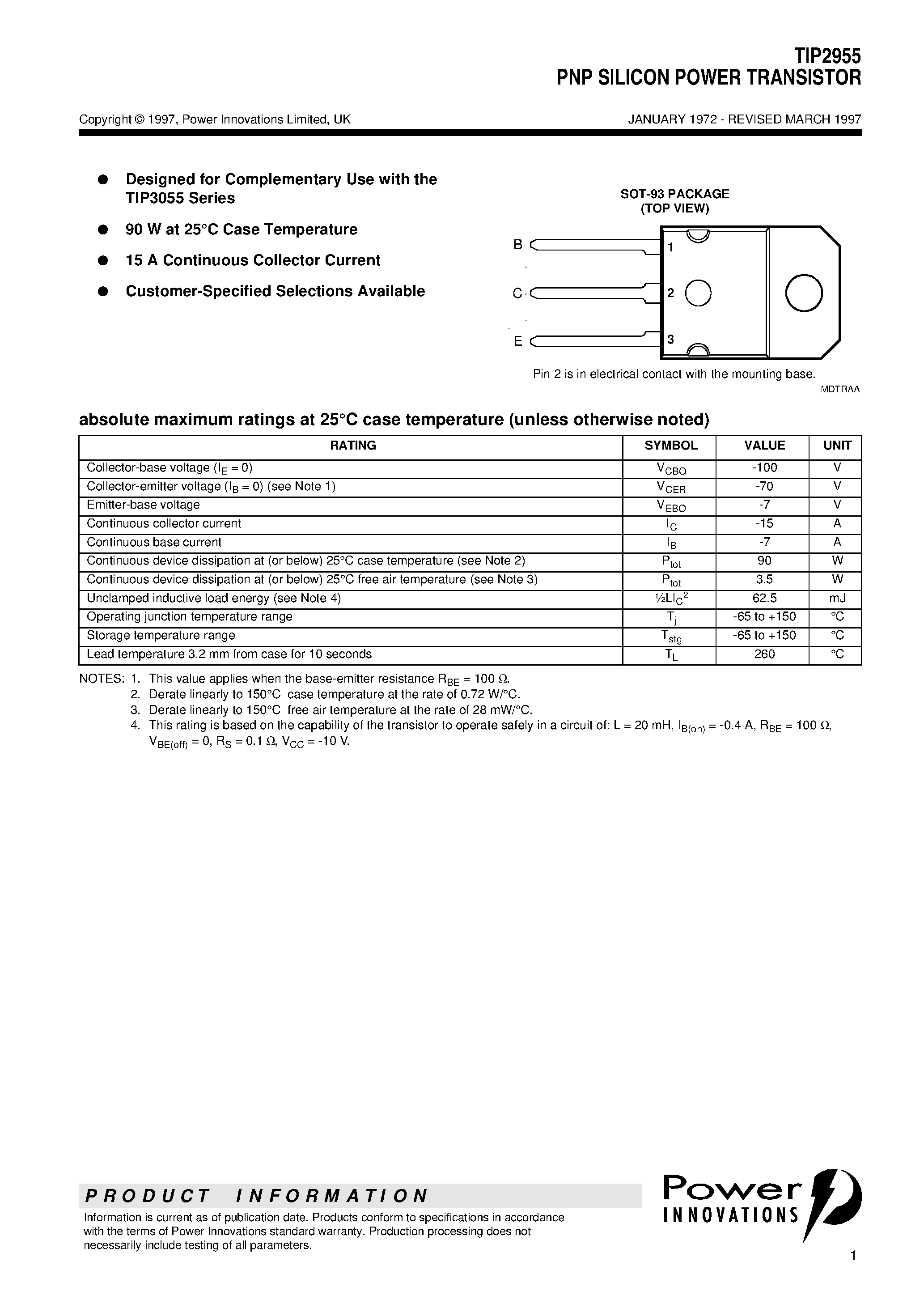 Даташит TIP2955 - PNP SILICON POWER TRANSISTOR страница 1