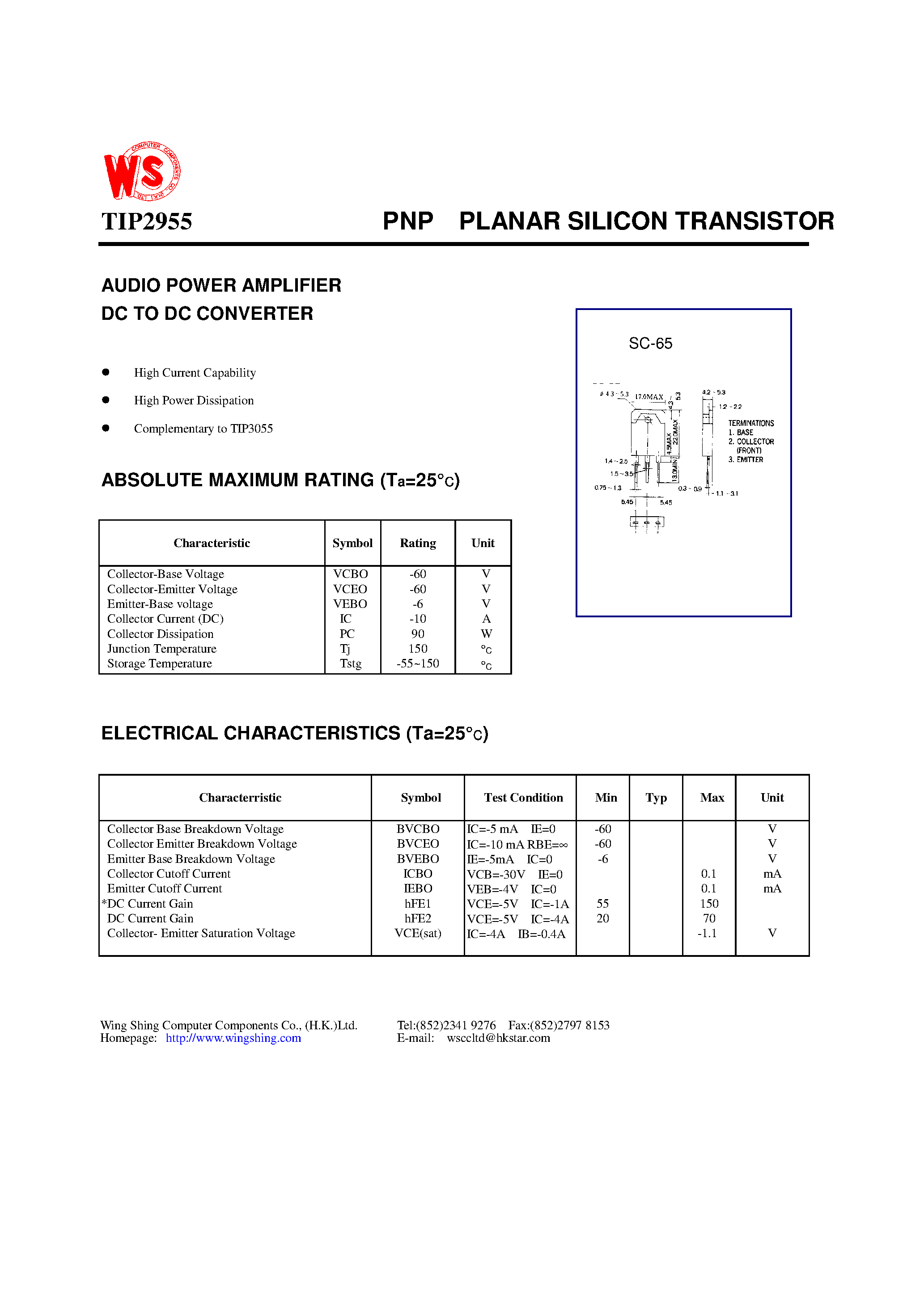 Даташит TIP2955 - PNP PLANAR SILICON TRANSISTOR(AUDIO POWER AMPLIFIER DC TO DC CONVERTER) страница 1