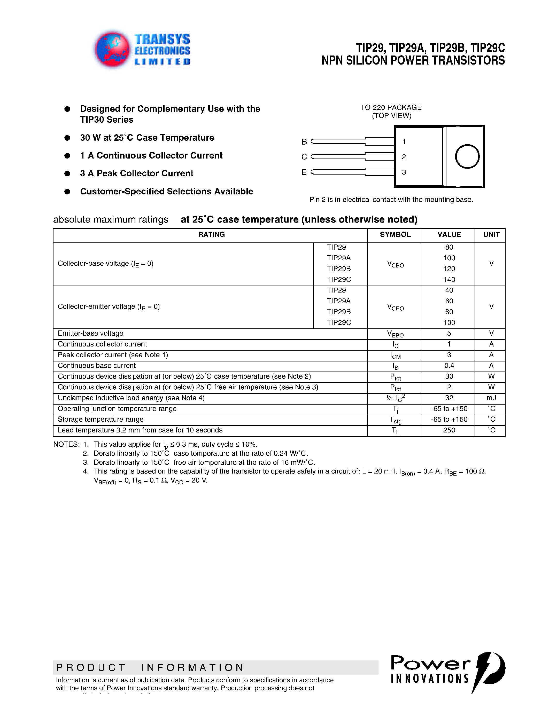 Даташит TIP29B - NPN SILICON POWER TRANSISTORS страница 1