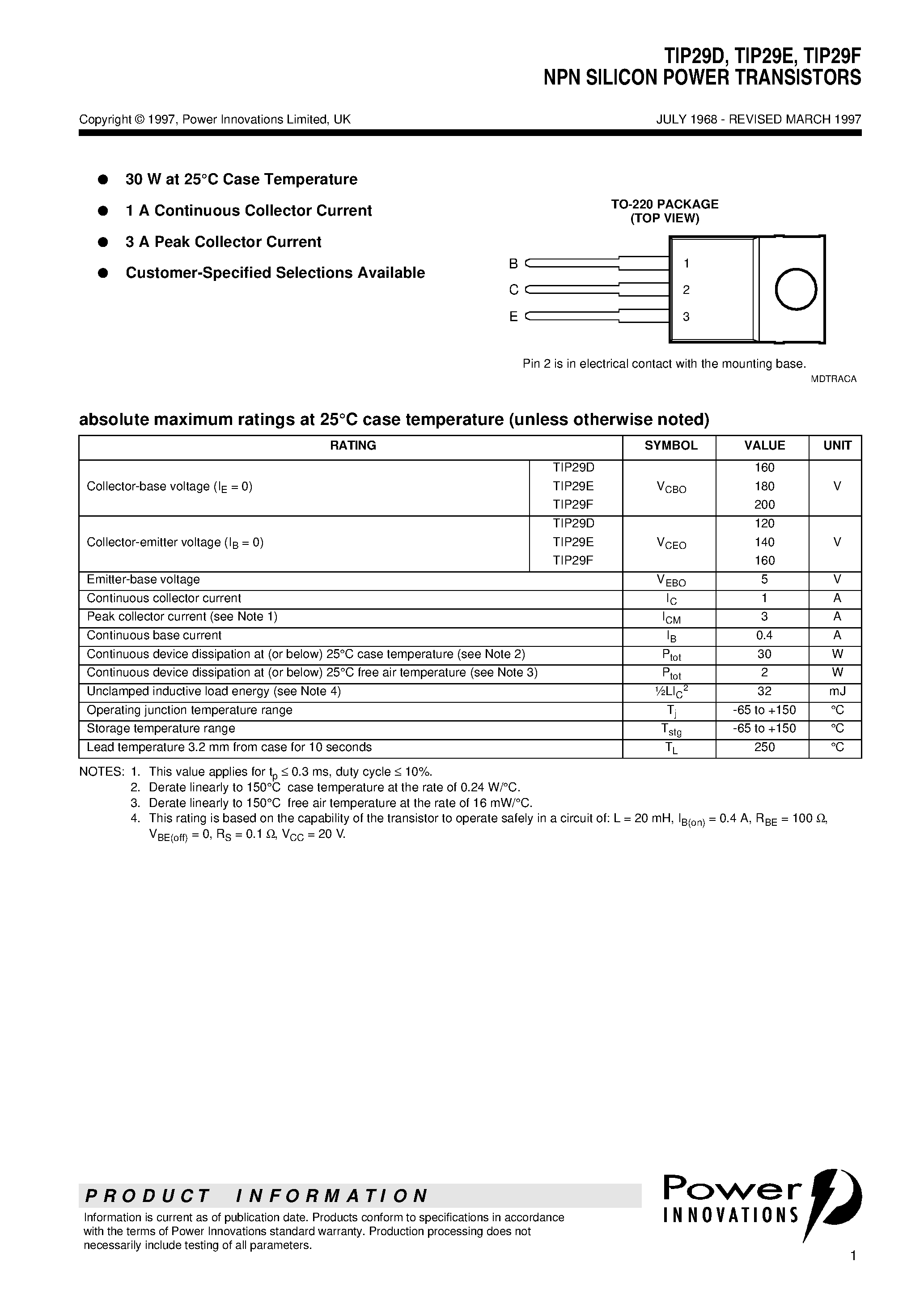 Даташит TIP29E - NPN SILICON POWER TRANSISTORS страница 1