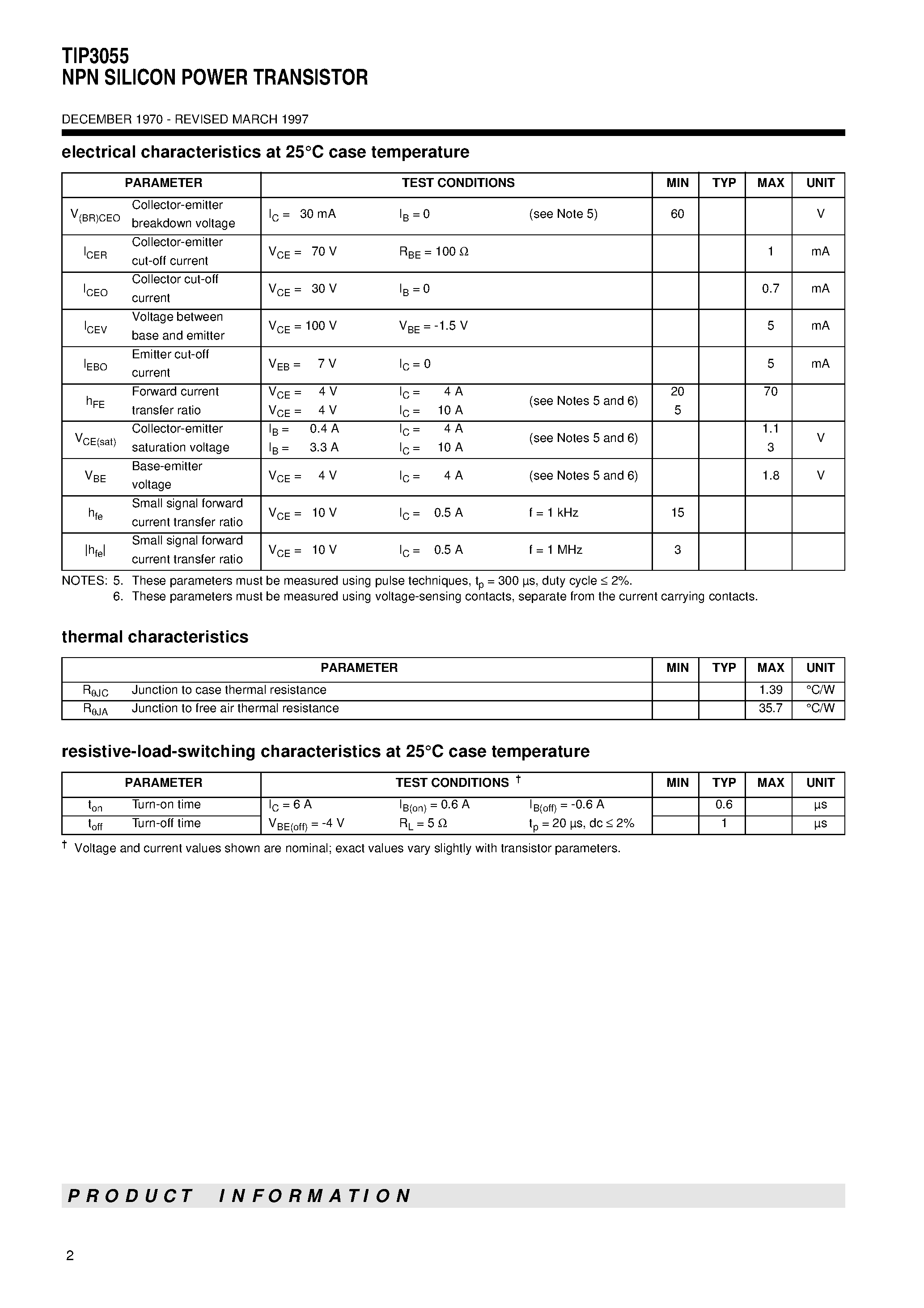 Даташит TIP3055 - NPN SILICON POWER TRANSISTOR страница 2
