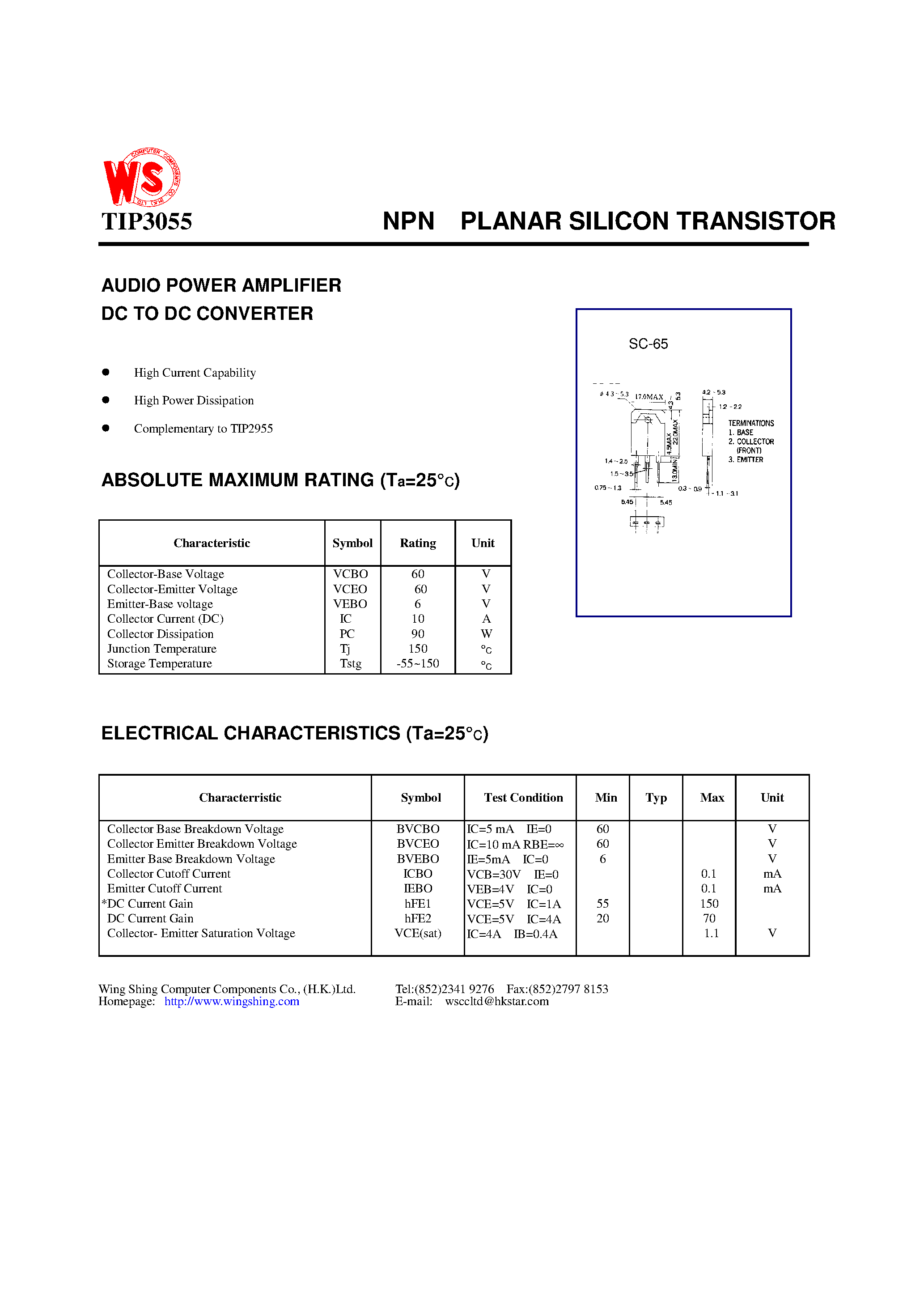 Даташит TIP3055 - NPN PLANAR SILICON TRANSISTOR(AUDIO POWER AMPLIFIER DC TO DC CONVERTER) страница 1