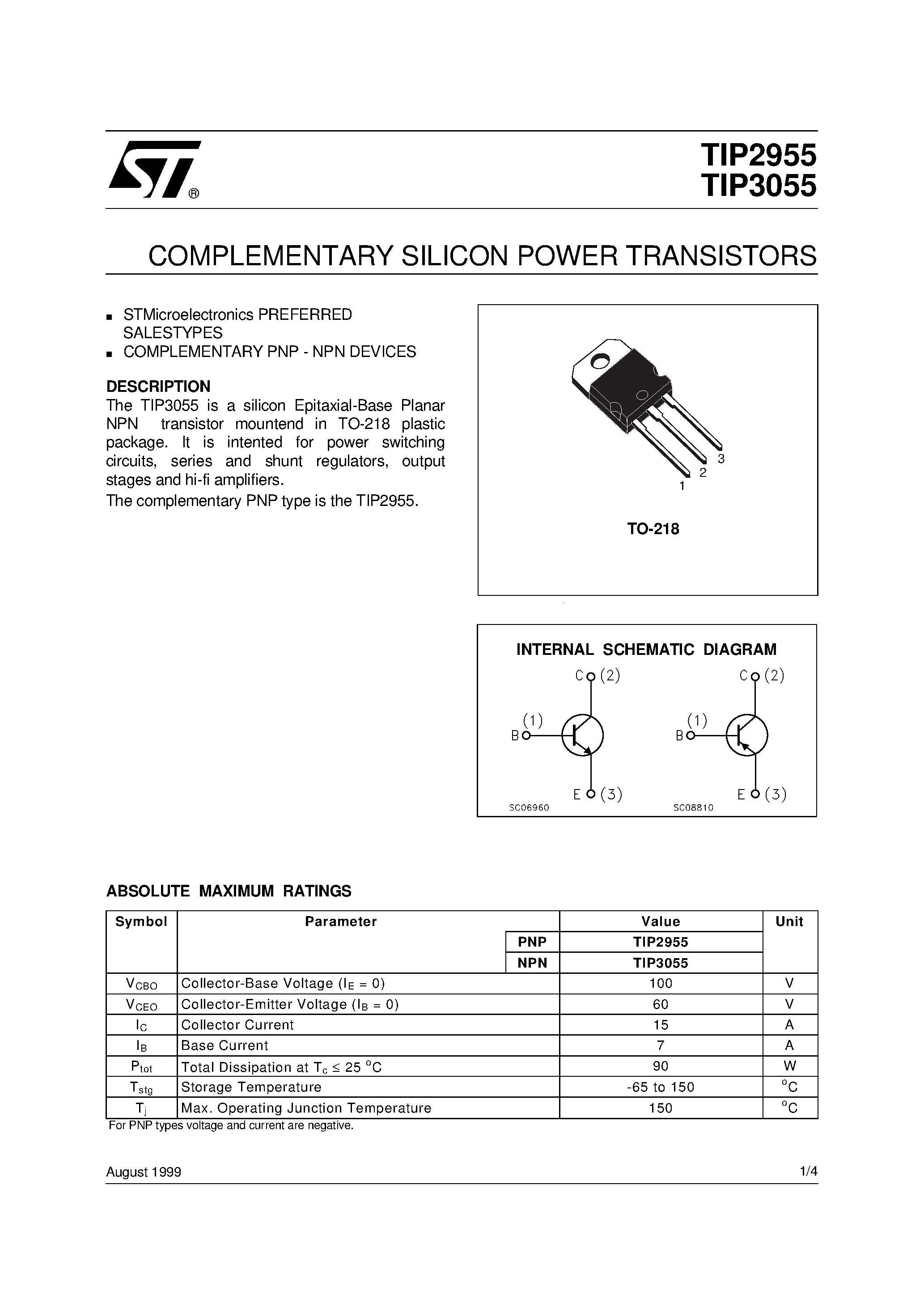 Даташит TIP3055 - COMPLEMENTARY SILICON POWER TRANSISTORS страница 1