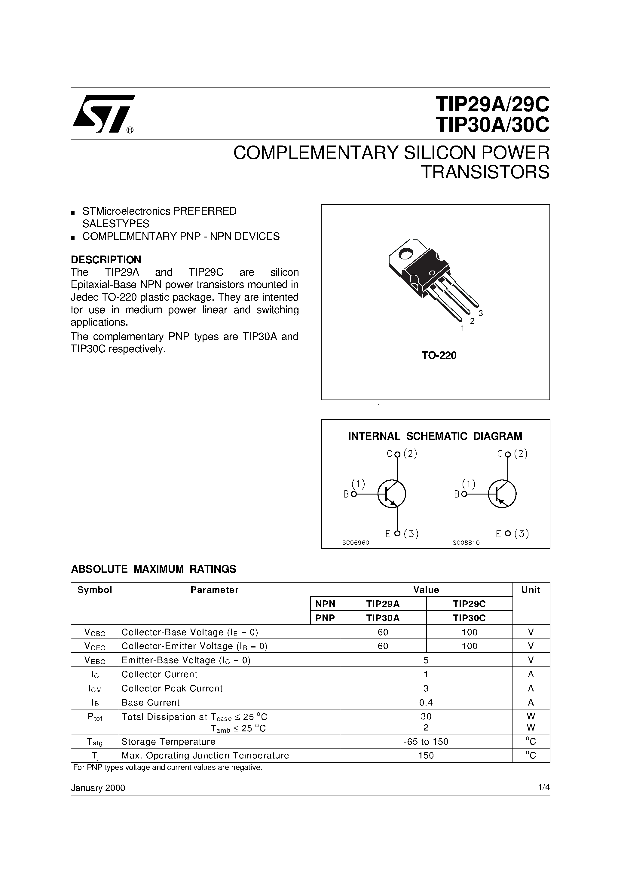 Даташит TIP30A - COMPLEMENTARY SILICON POWER TRANSISTORS страница 1