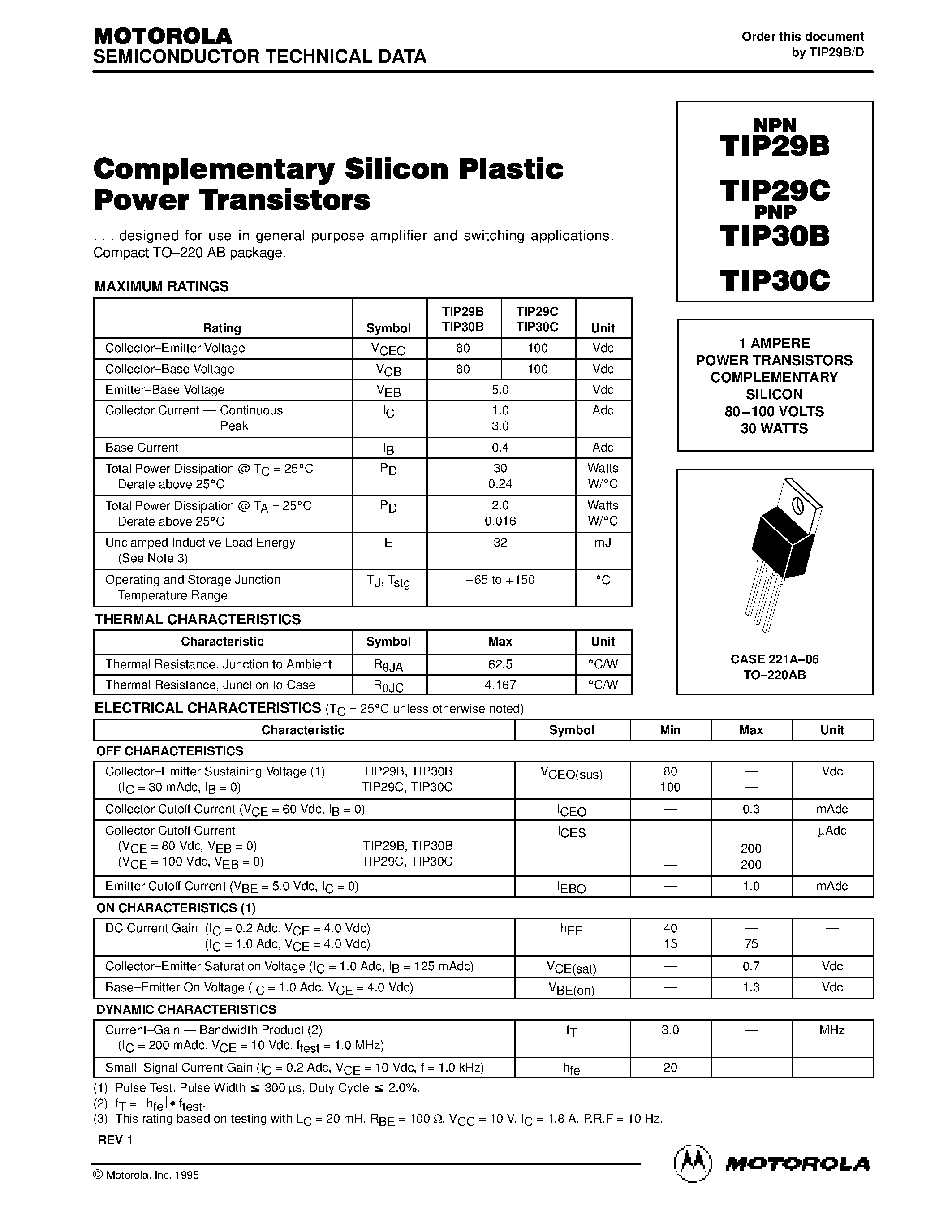 Даташит TIP30B - POWER TRANSISTORS COMPLEMENTARY SILICON страница 1