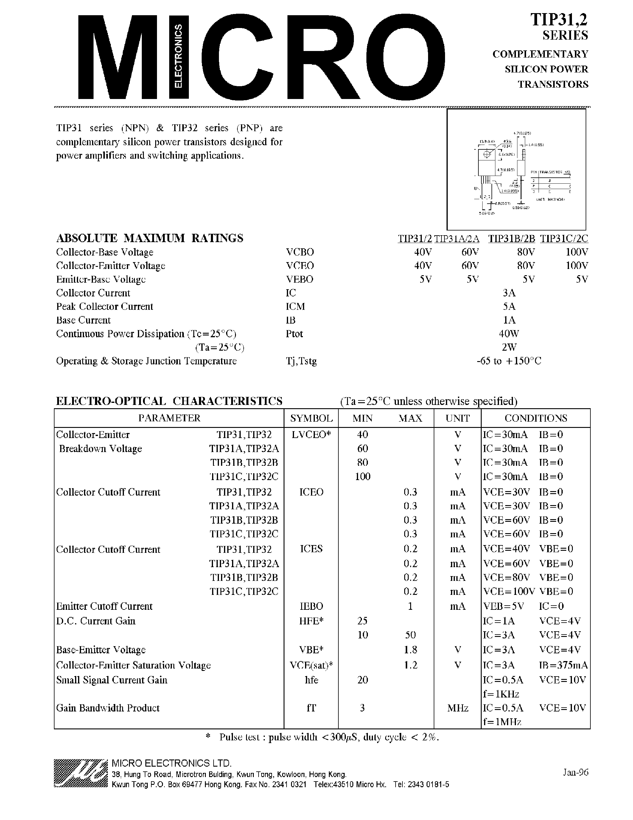 Даташит TIP31A - COMPLEMENTARY SILICON POWER TRANSISTORS страница 1