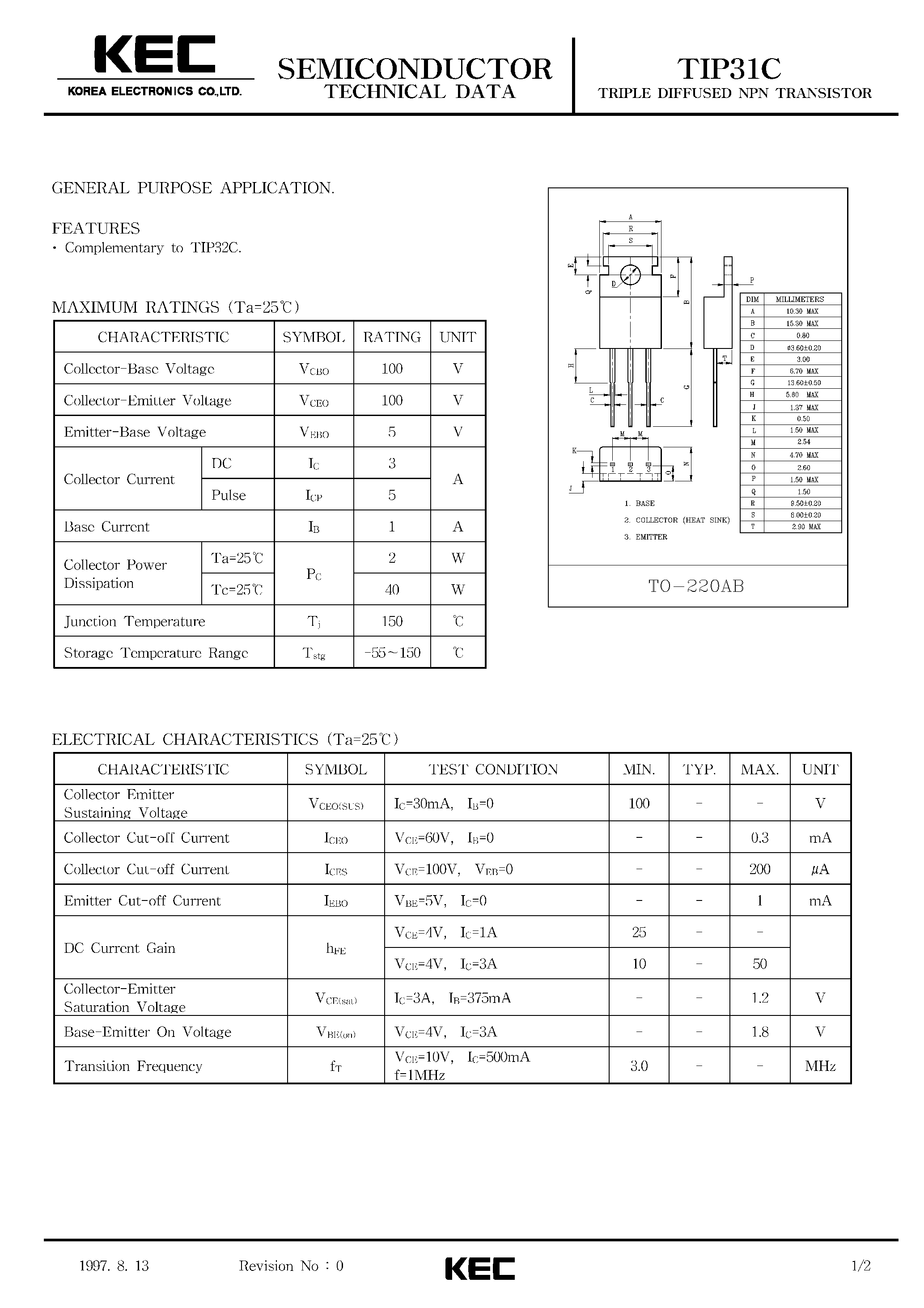 Даташит TIP31C - TRIPLE DIFFUSED NPN TRANSISTOR(GENERAL PURPOSE) страница 1