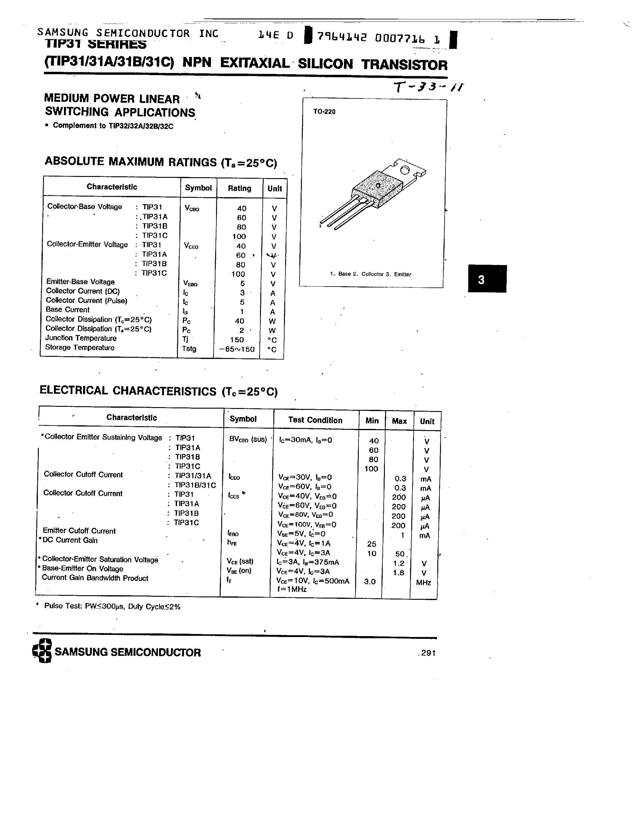 Даташит TIP31C - NPN (MEDIUM POWER LINEAR SWITCHING APPLICATIONS) страница 1