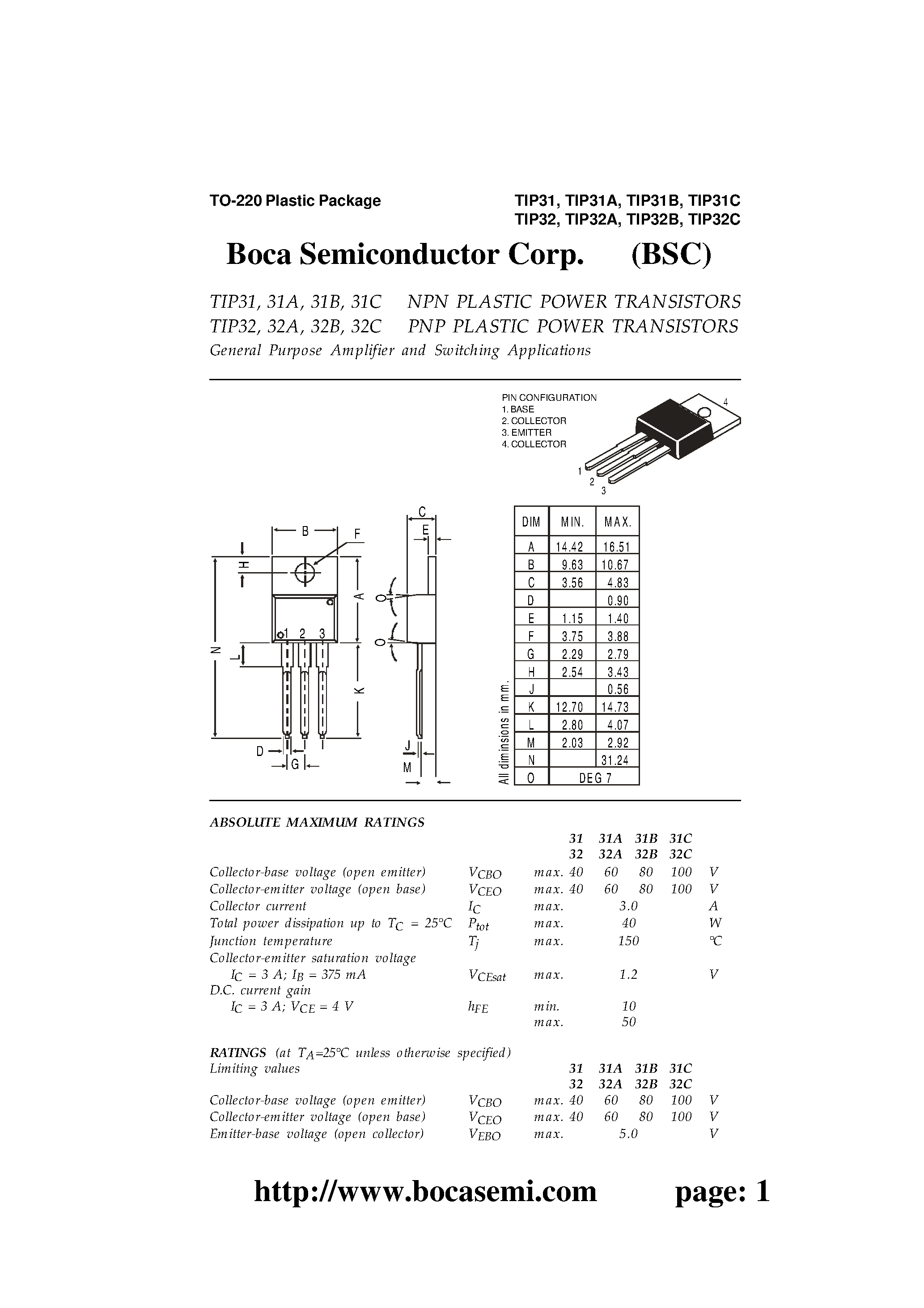 Даташит TIP31C - General Purpose Amplifier and Switching Applications страница 1