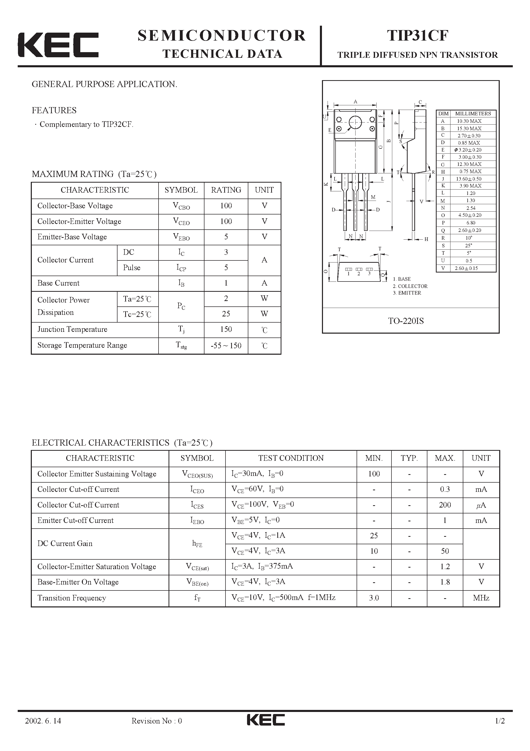 Даташит TIP31CF - TRIPLE DIFFUSED NPN TRANSISTOR(GENERAL PURPOSE) страница 1