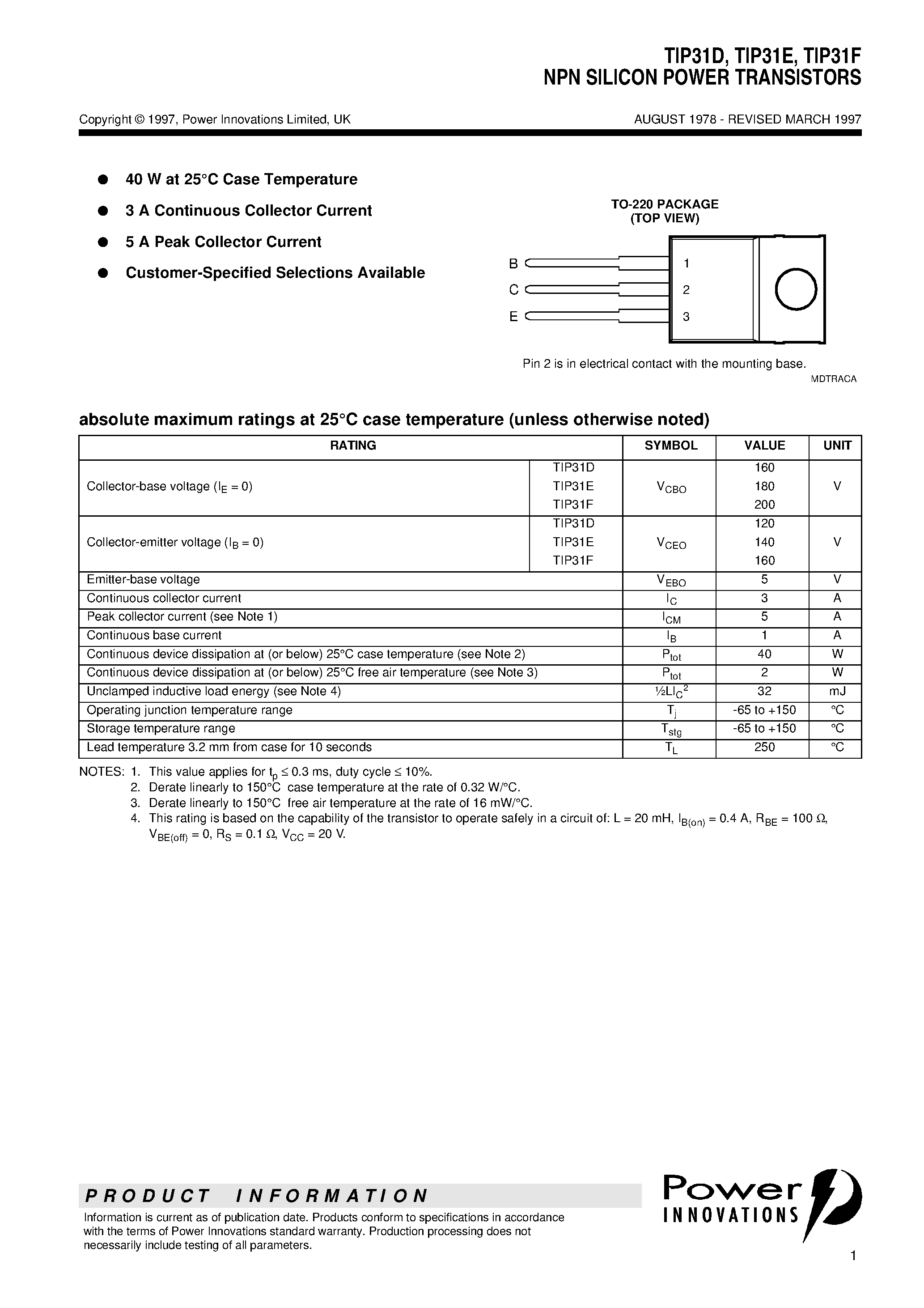 Даташит TIP31D - NPN SILICON POWER TRANSISTORS страница 1