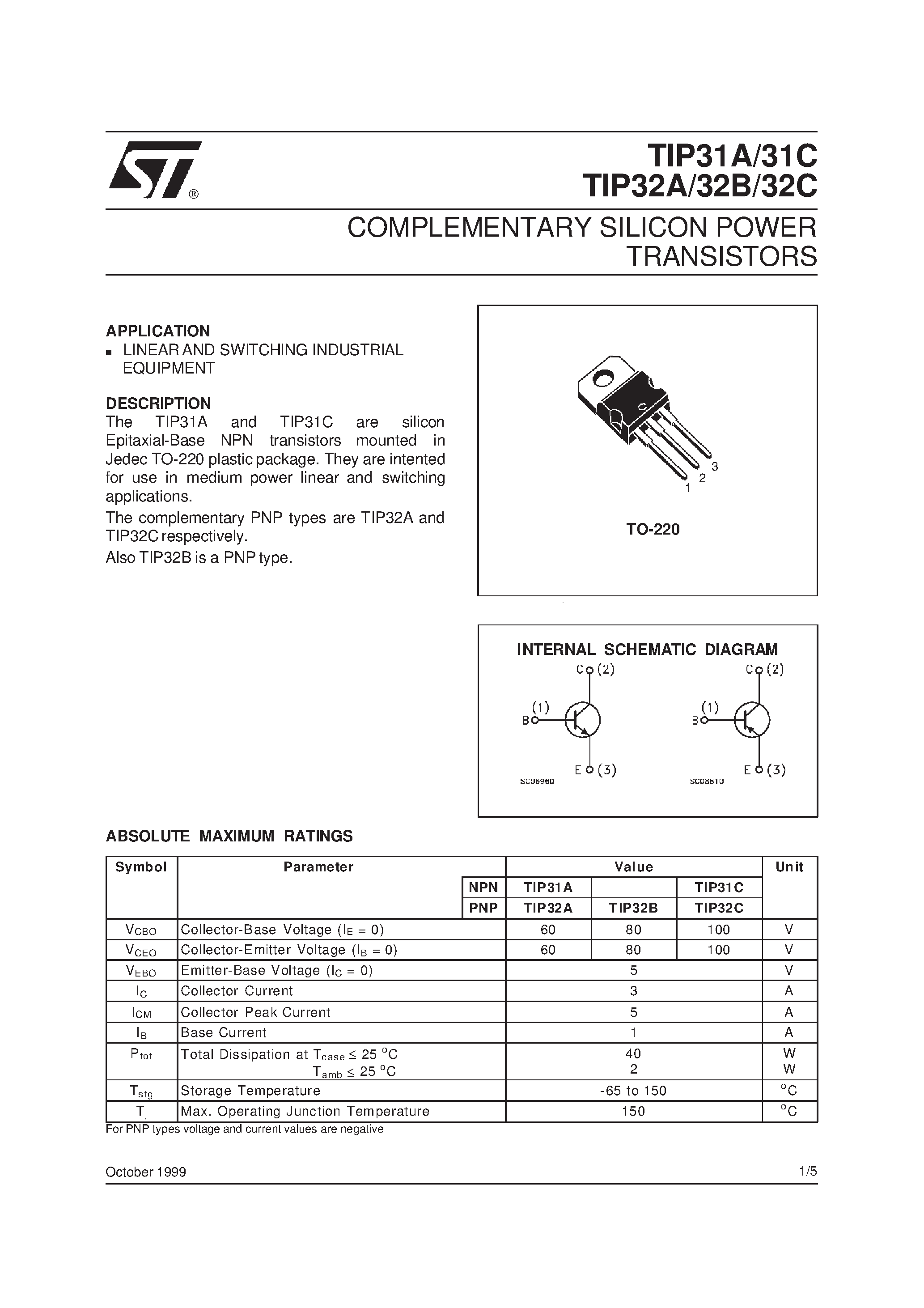 Даташит TIP32B - COMPLEMENTARY SILICON POWER TRANSISTORS страница 1
