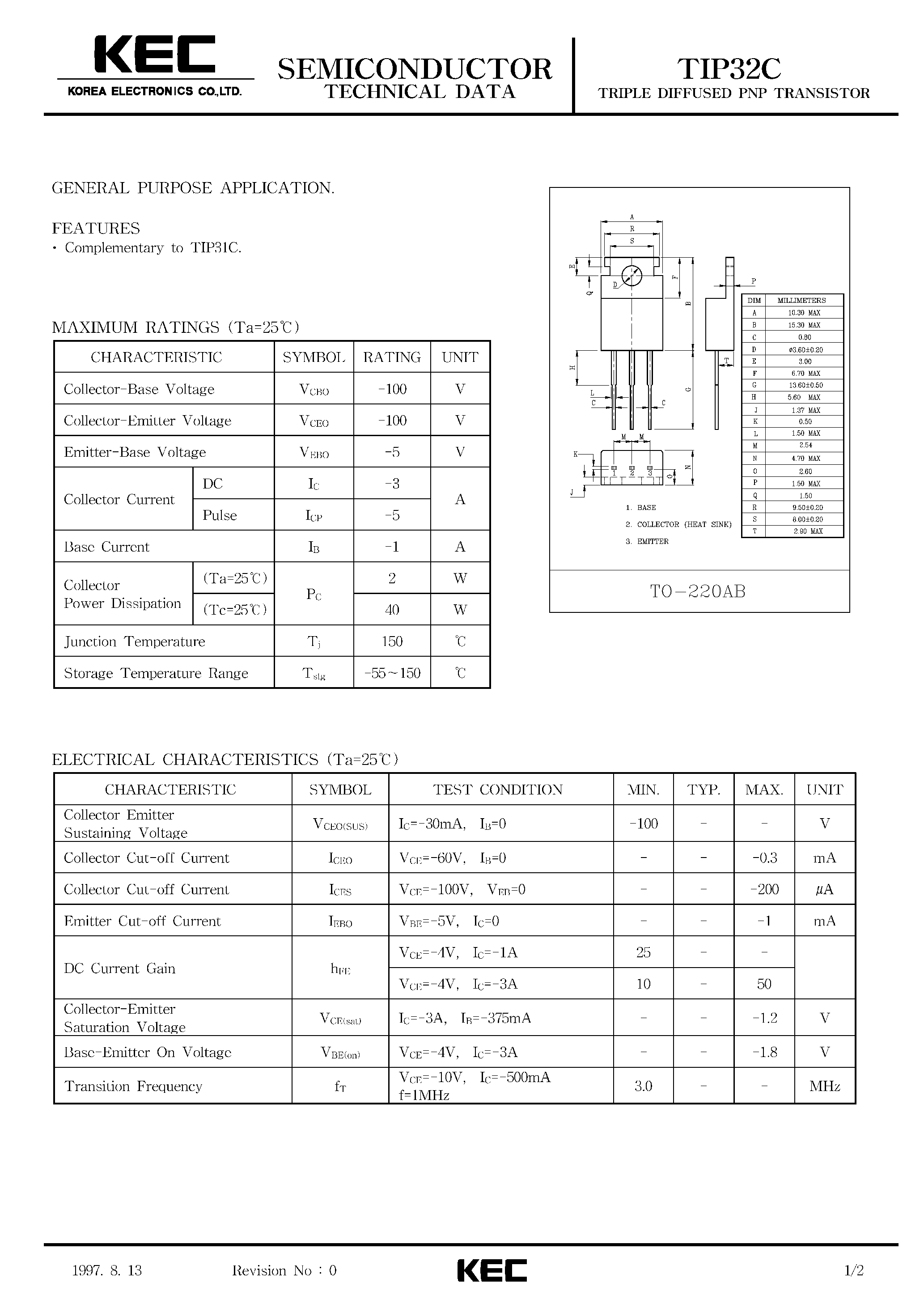 Даташит TIP32C - TRIPLE DIFFUSED PNP TRANSISTOR(GENERAL PURPOSE) страница 1
