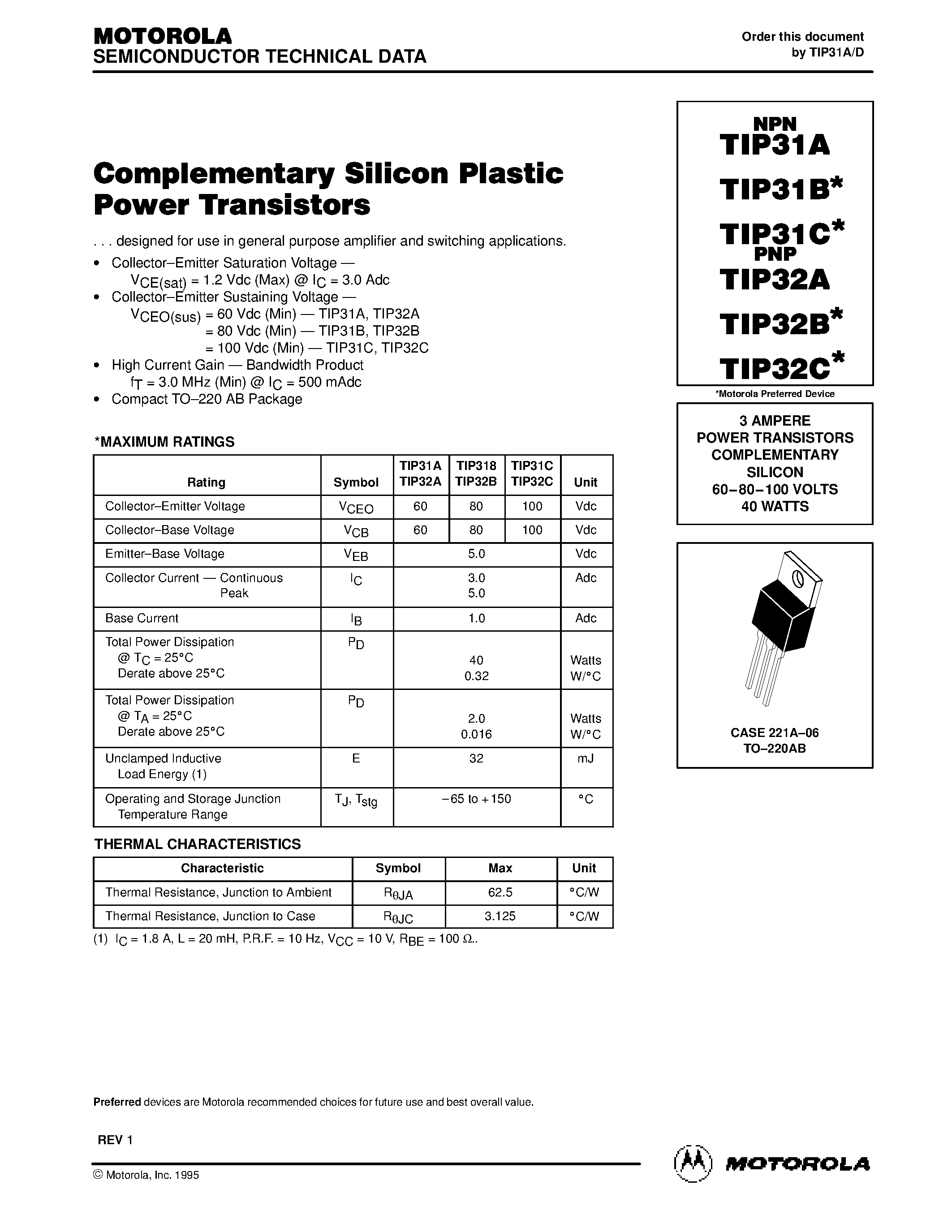 Даташит TIP32C - POWER TRANSISTORS COMPLEMENTARY SILICON страница 1