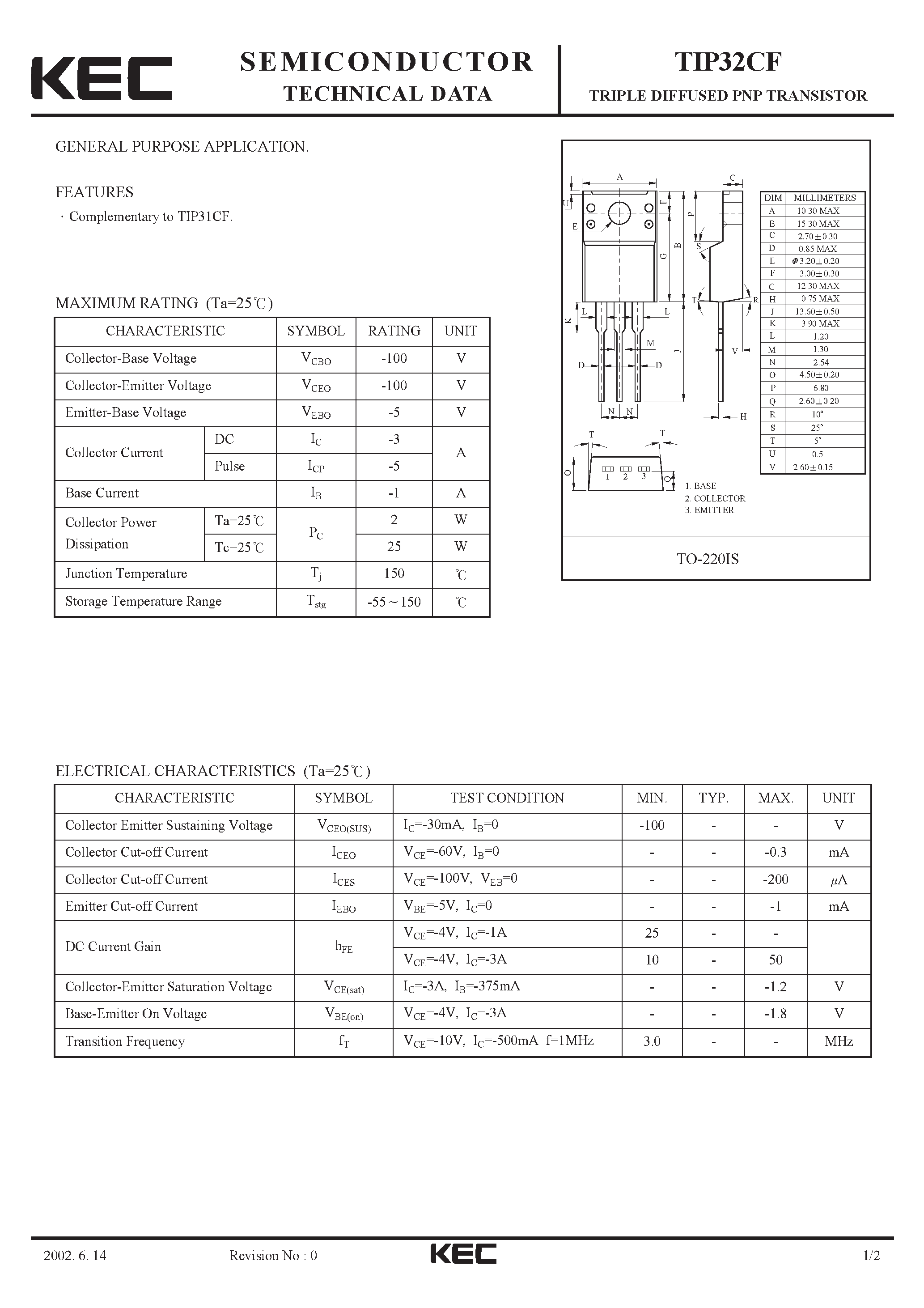 Даташит TIP32CF - TRIPLE DIFFUSED PNP TRANSISTOR(GENERAL PURPOSE) страница 1