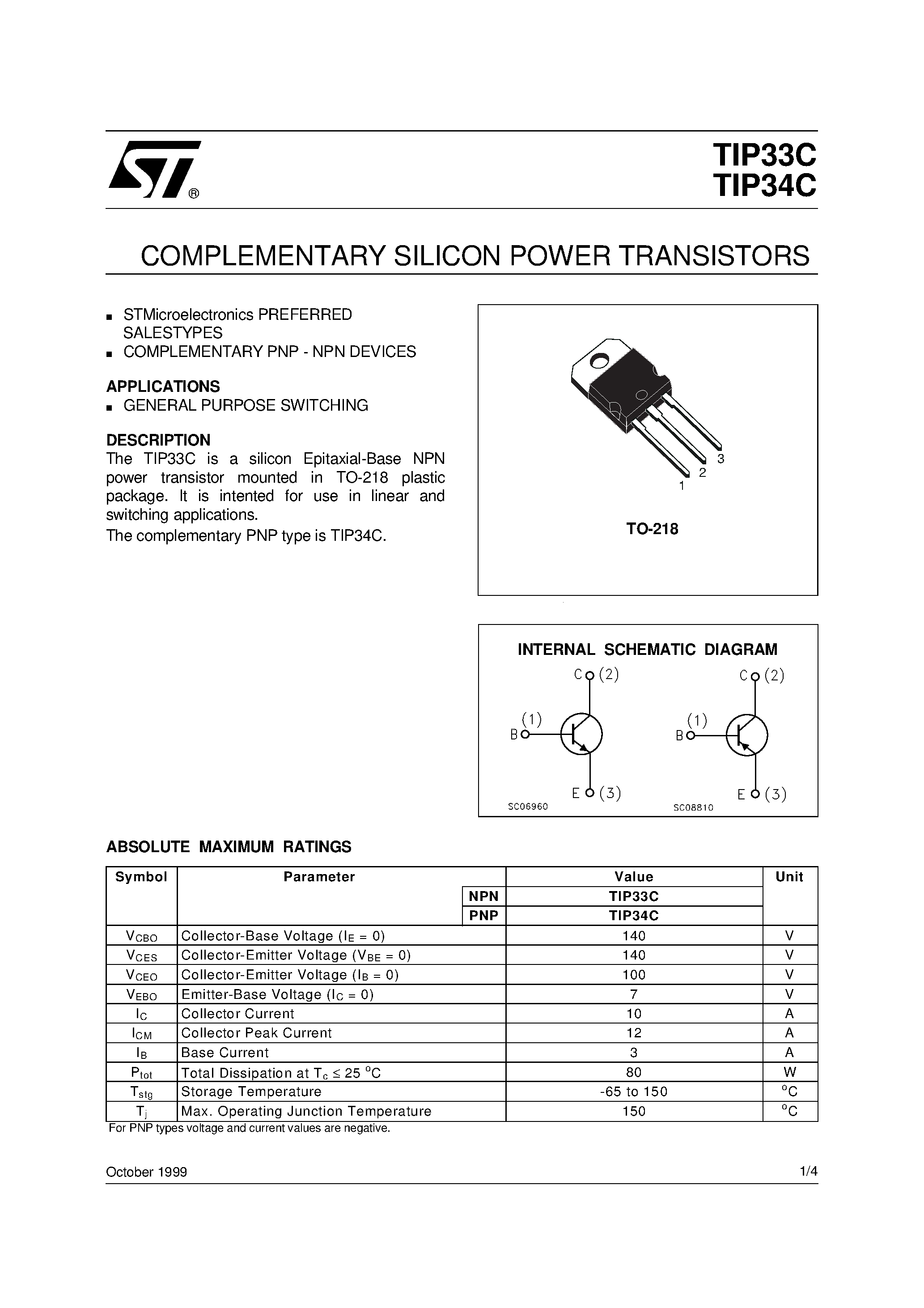 Даташит TIP33C - COMPLEMENTARY SILICON POWER TRANSISTORS страница 1