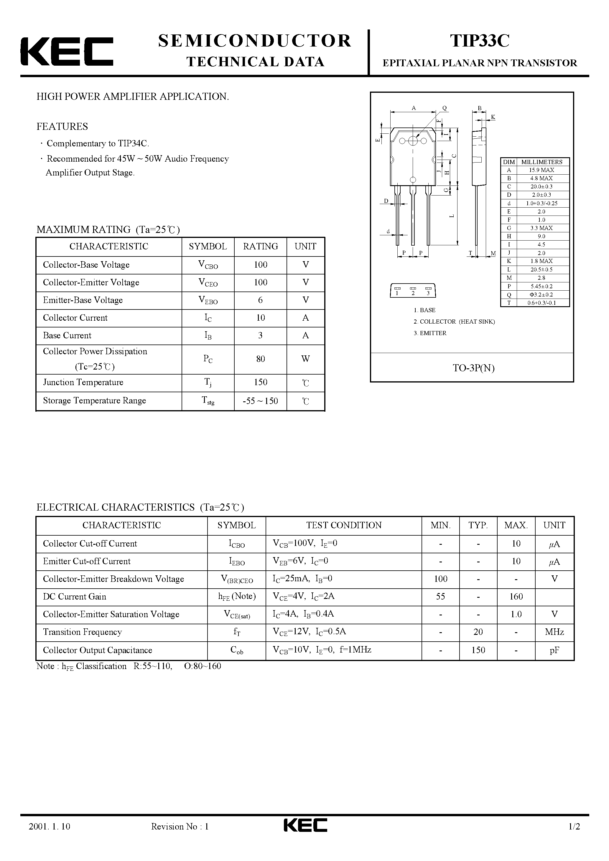 Даташит TIP33C - EPITAXIAL PLANAR NPN TRANSISTOR (HIGH POWER AMPLIFIER) страница 1
