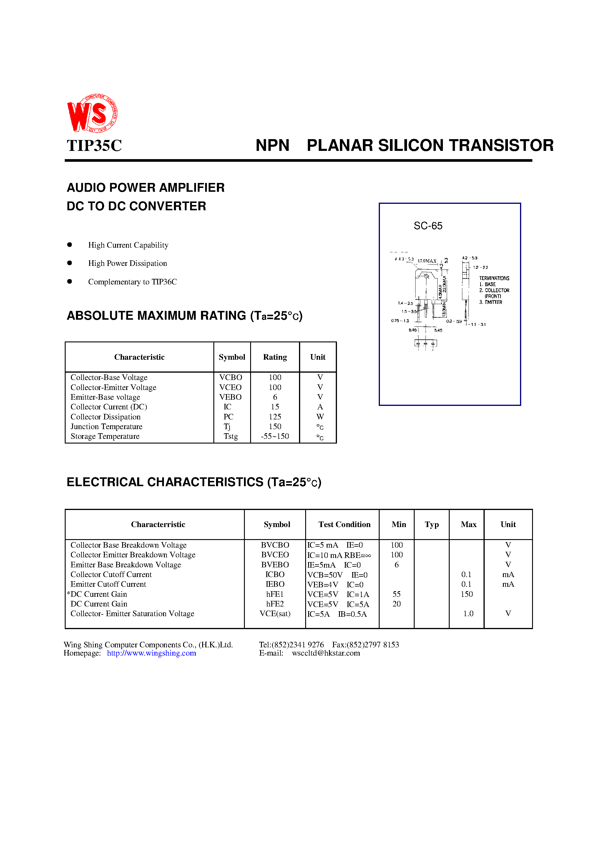 Даташит TIP35C - NPN PLANAR SILICON TRANSISTOR(AUDIO POWER AMPLIFIER DC TO DC CONVERTER) страница 1