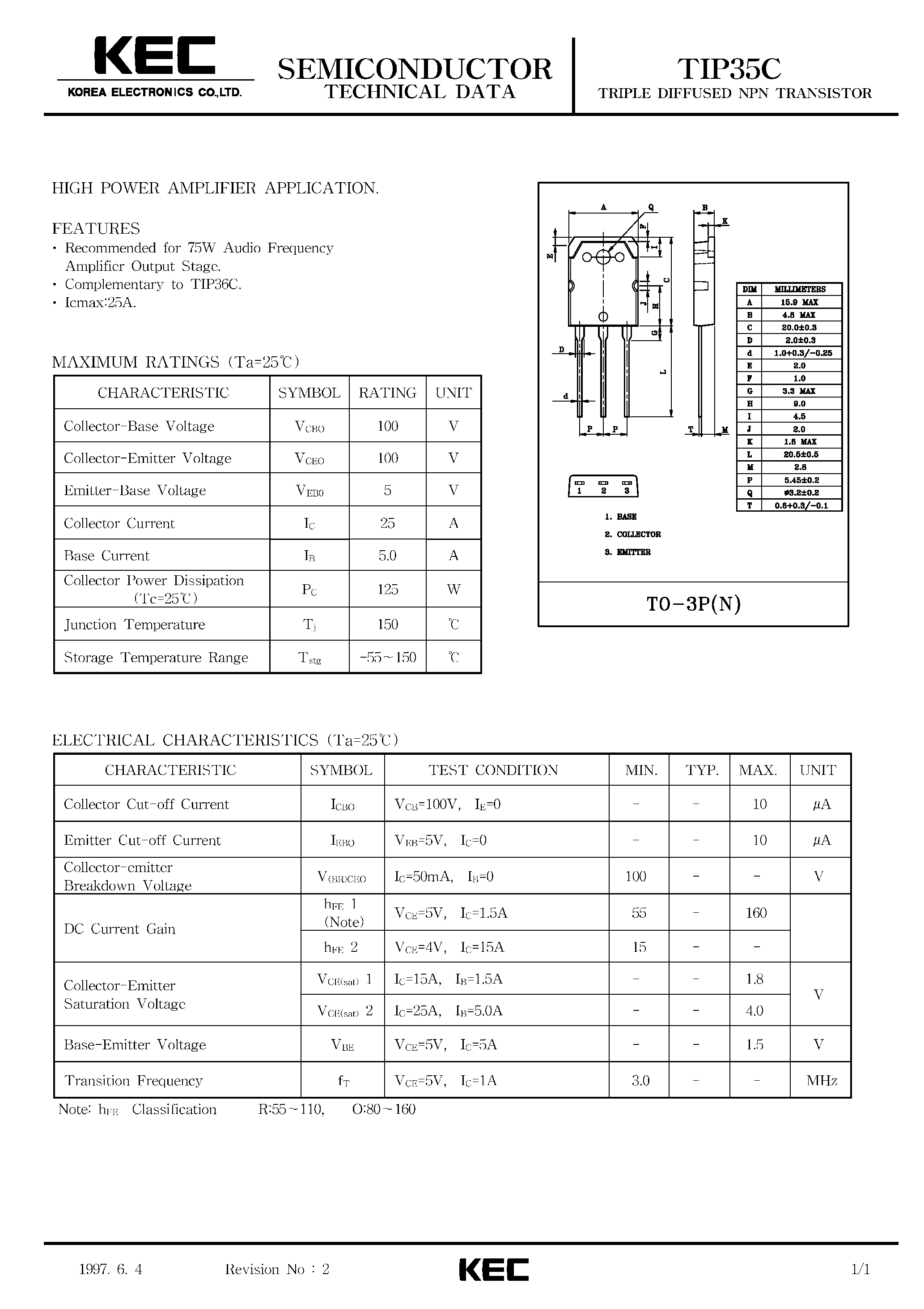 Даташит TIP35C - TRIPLE DIFFUSED NPN TRANSISTOR(HIGH POWER AMPLIFIER) страница 1
