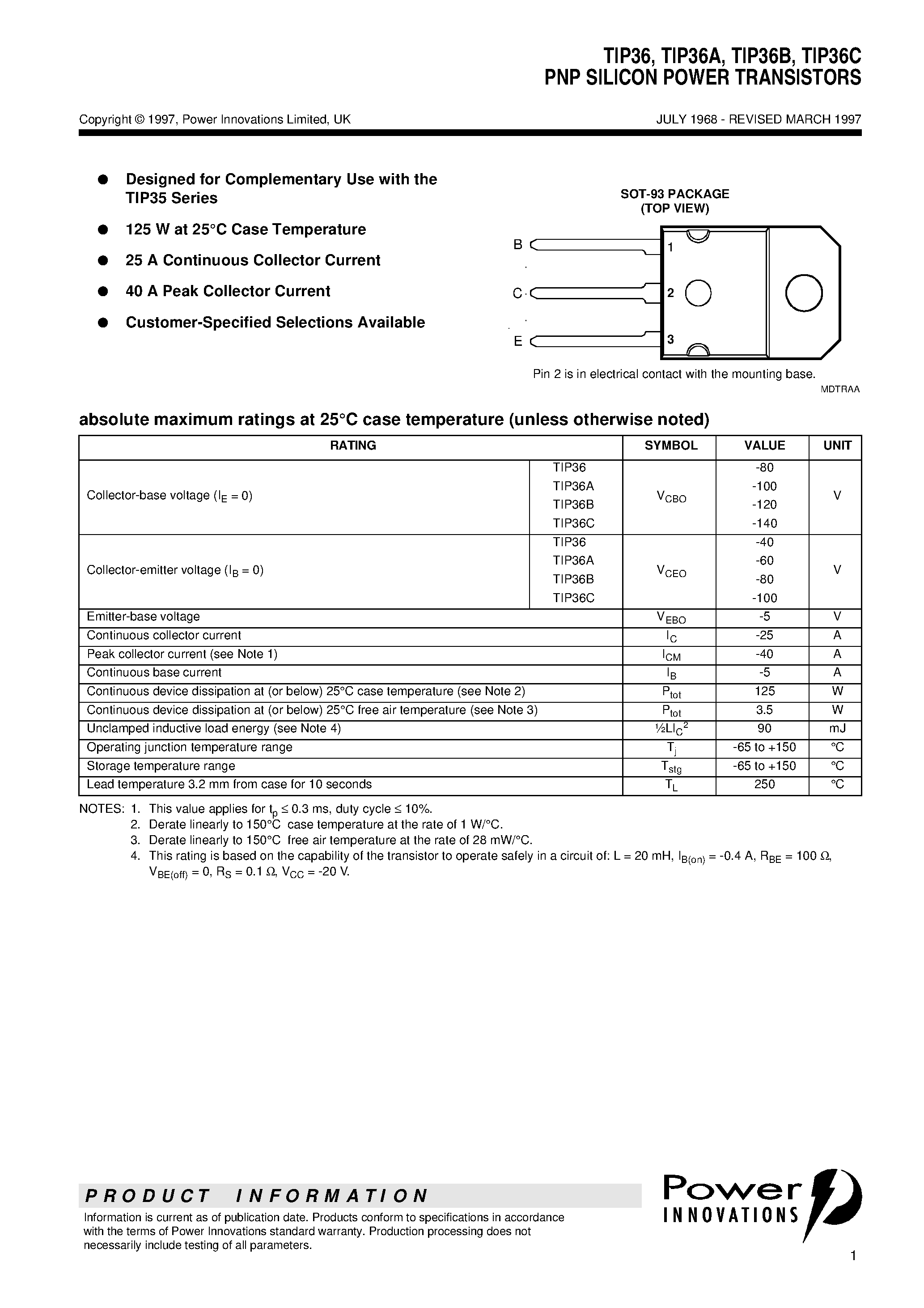 Даташит TIP36A - PNP SILICON POWER TRANSISTORS страница 1