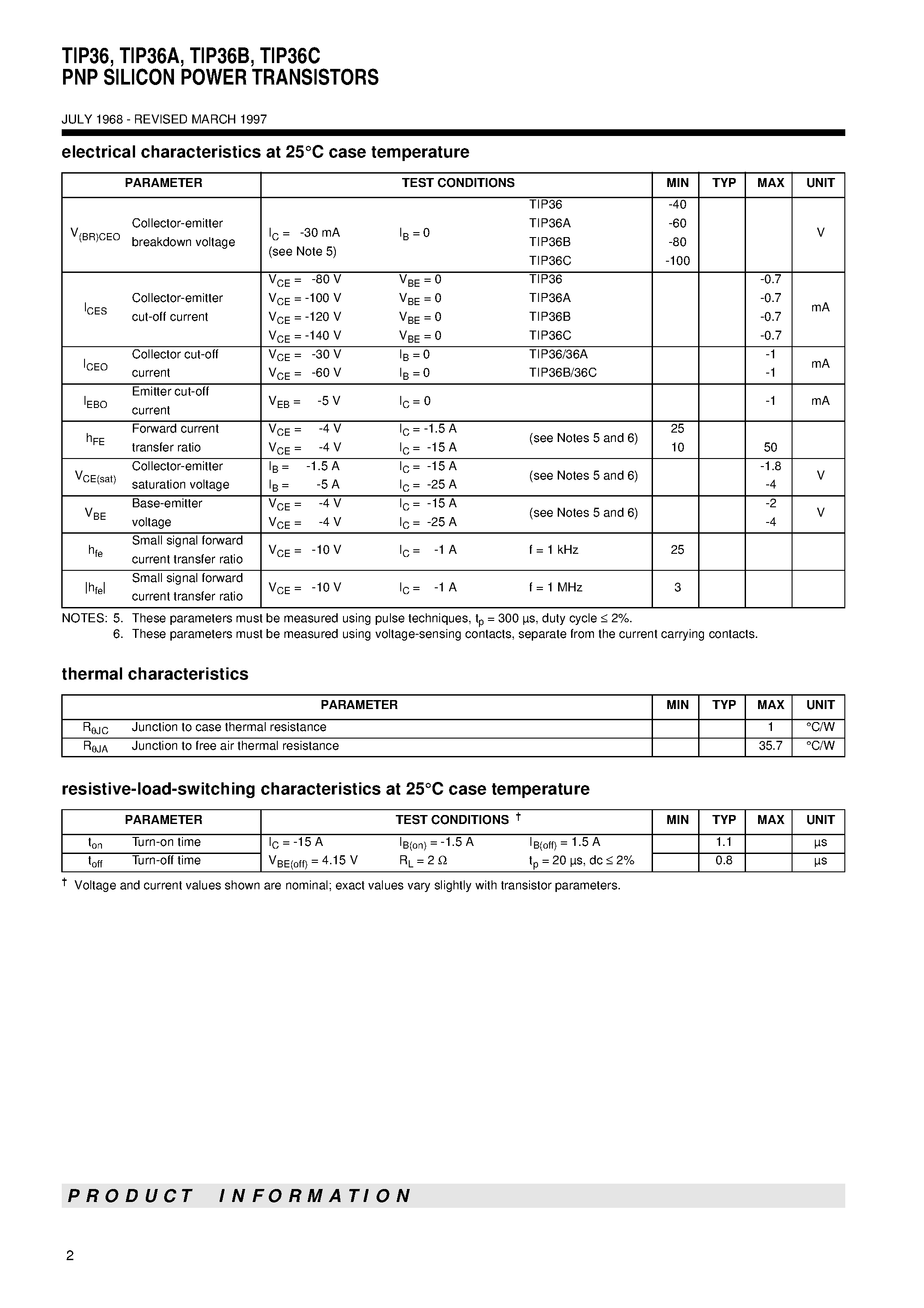 Даташит TIP36A - PNP SILICON POWER TRANSISTORS страница 2