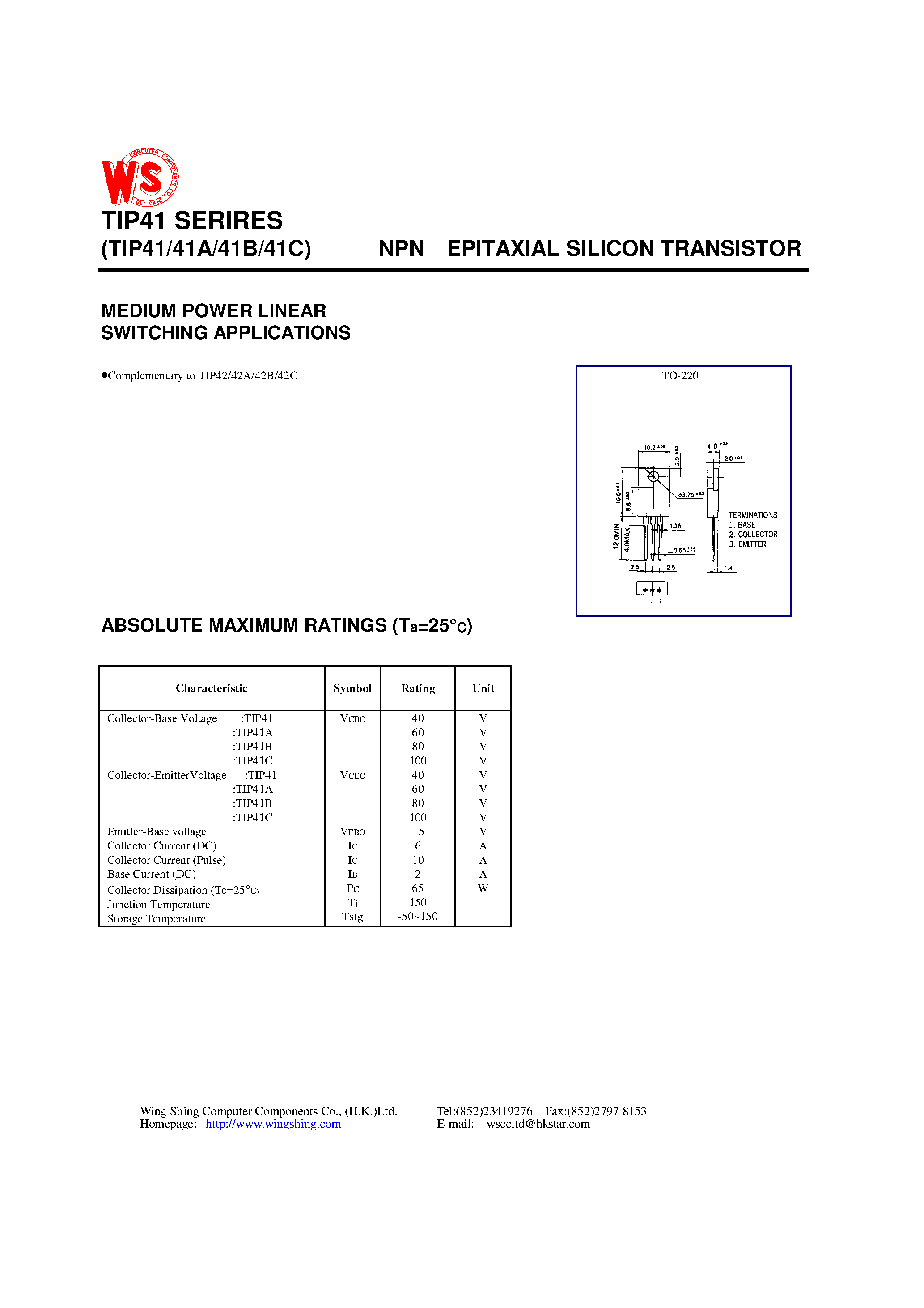Даташит TIP41C - NPN EPITAXIAL SILICON TRANSISTOR(MEDIUM POWER LINEAR SWITCHING APPLICATIONS) страница 1