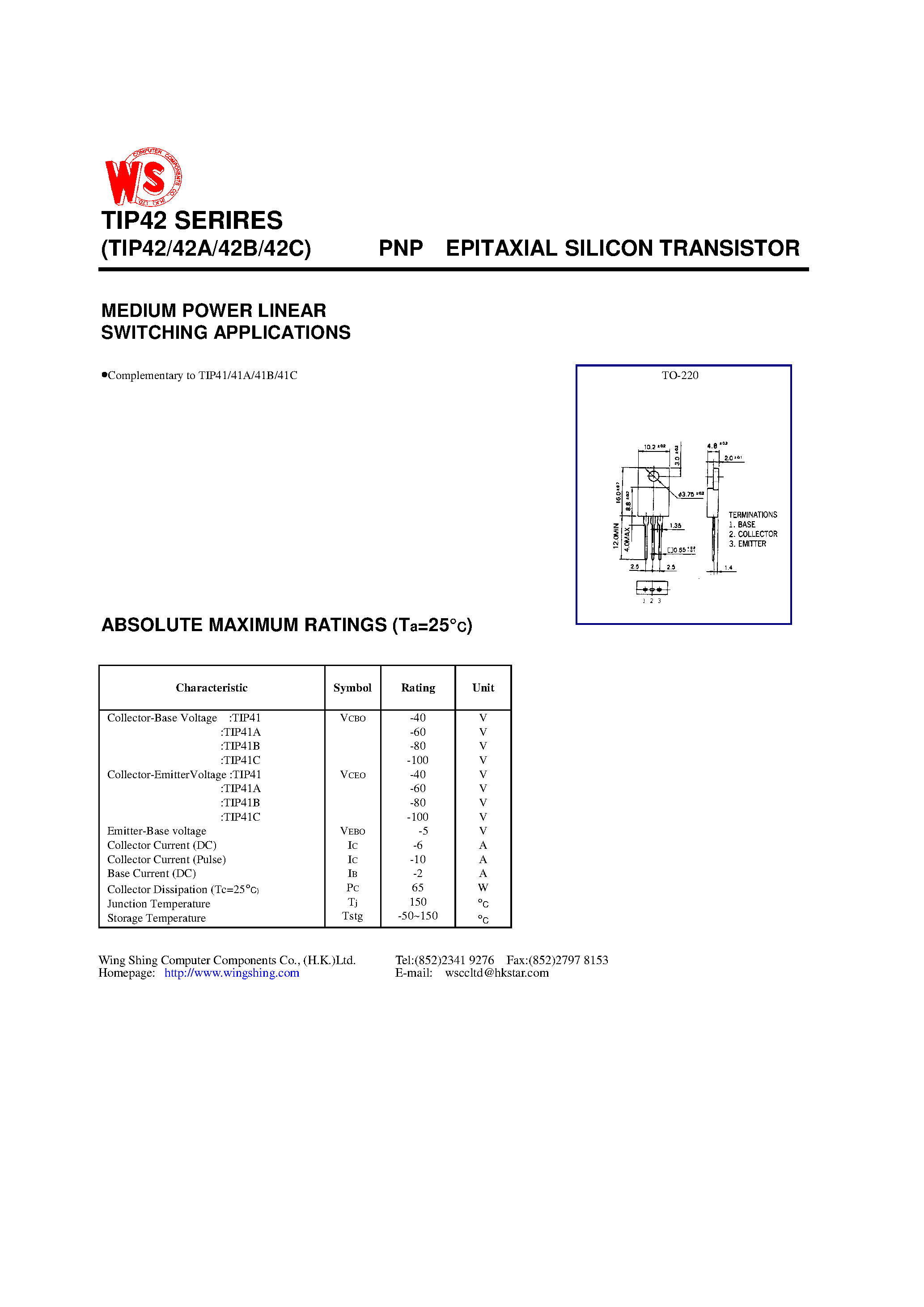Даташит TIP42C - PNP EPITAXIAL SILICON TRANSISTOR(MEDIUM POWER LINEAR SWITCHING APPLICATIONS) страница 1