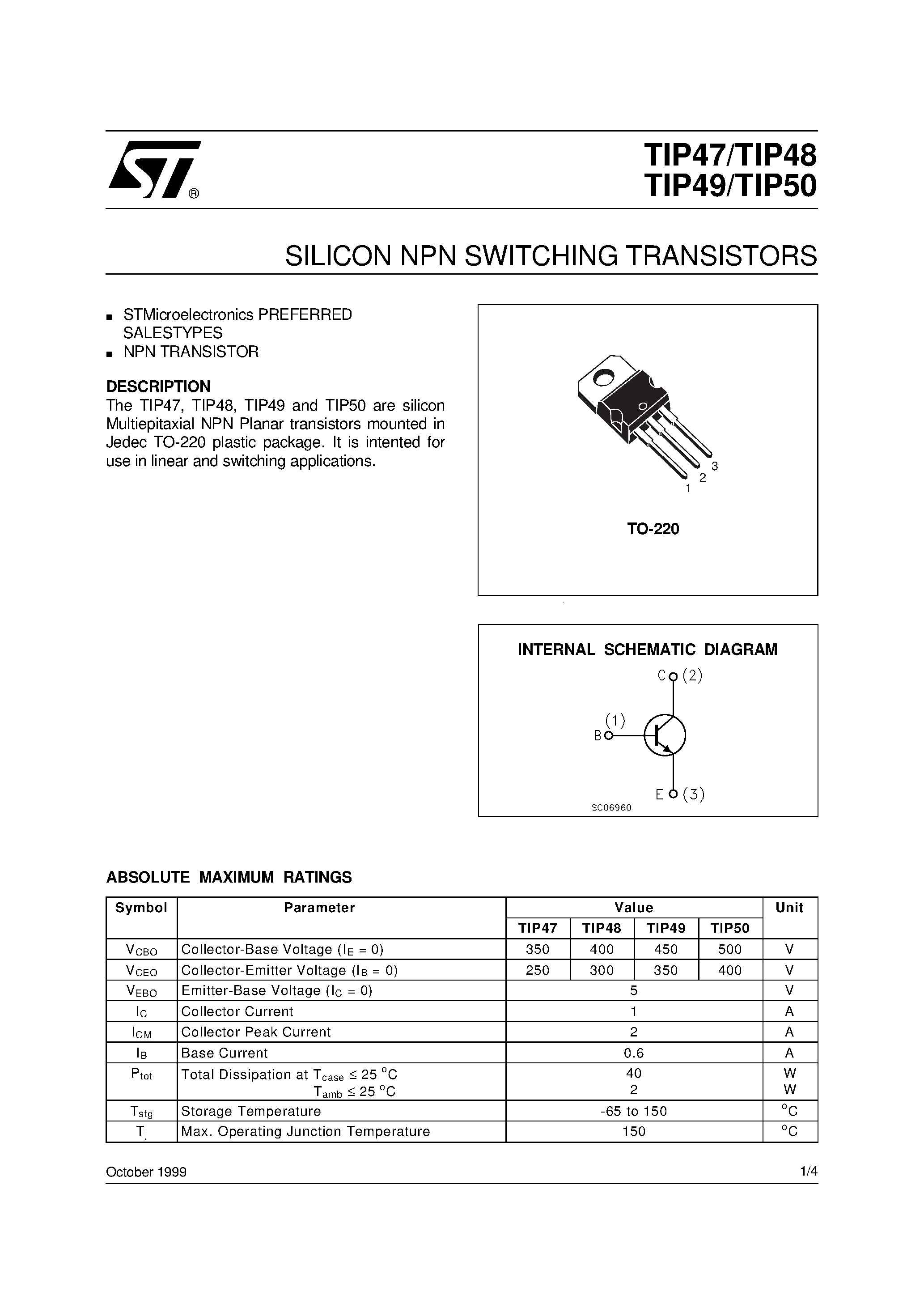 Datasheet TIP48 - SILICON NPN SWITCHING TRANSISTORS page 1