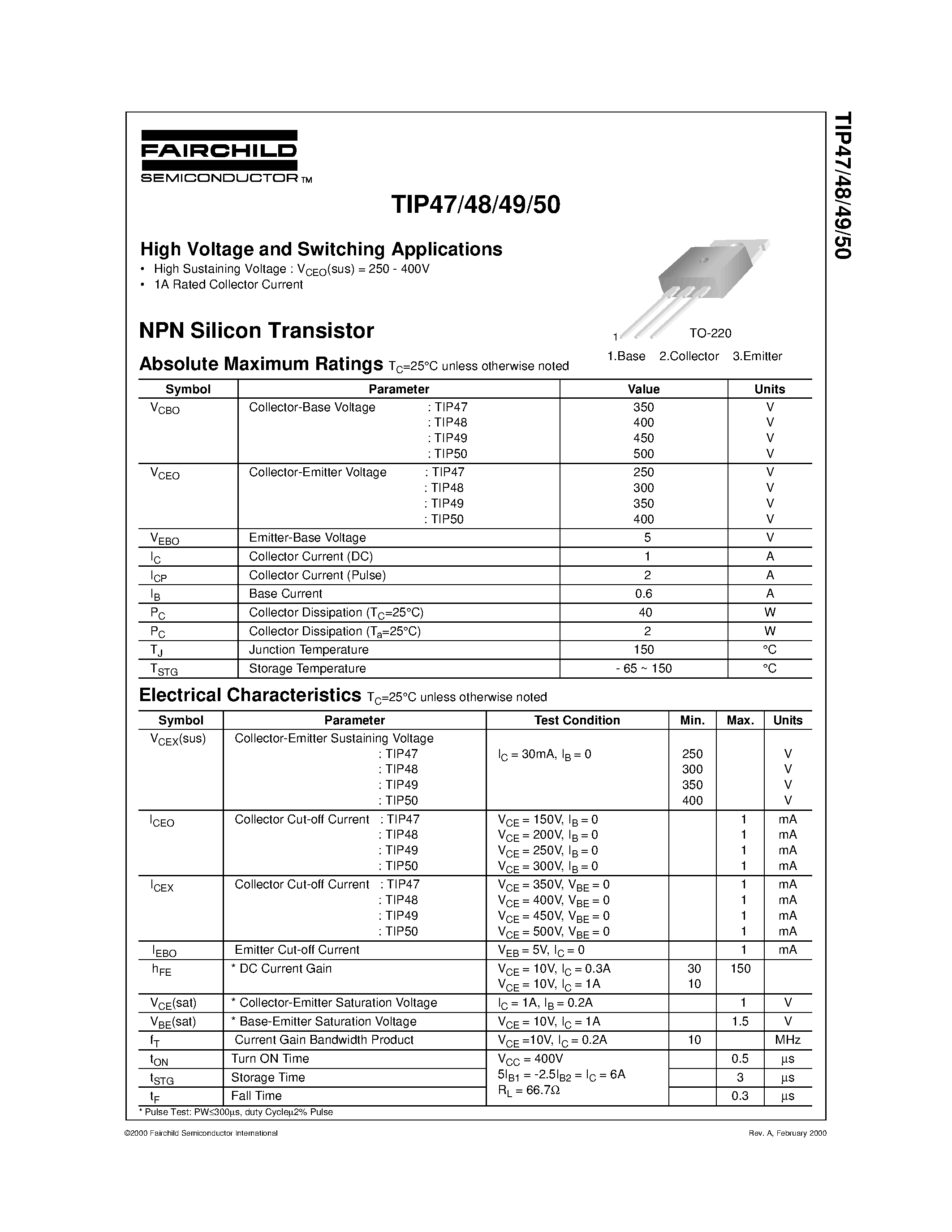 Datasheet TIP50 - High Voltage and Switching Applications page 1