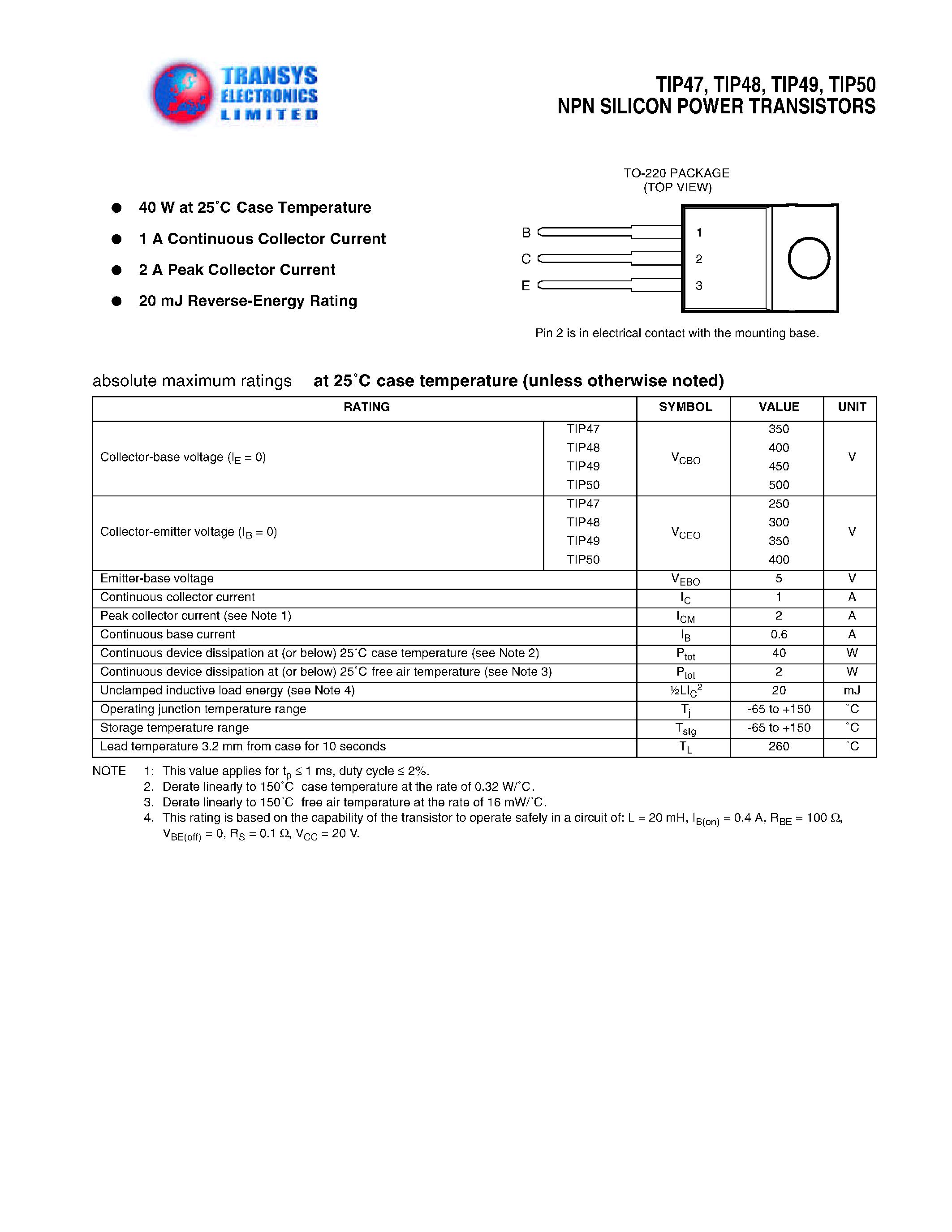 Datasheet TIP50 - NPN SILICON POWER TRANSISTORS page 1