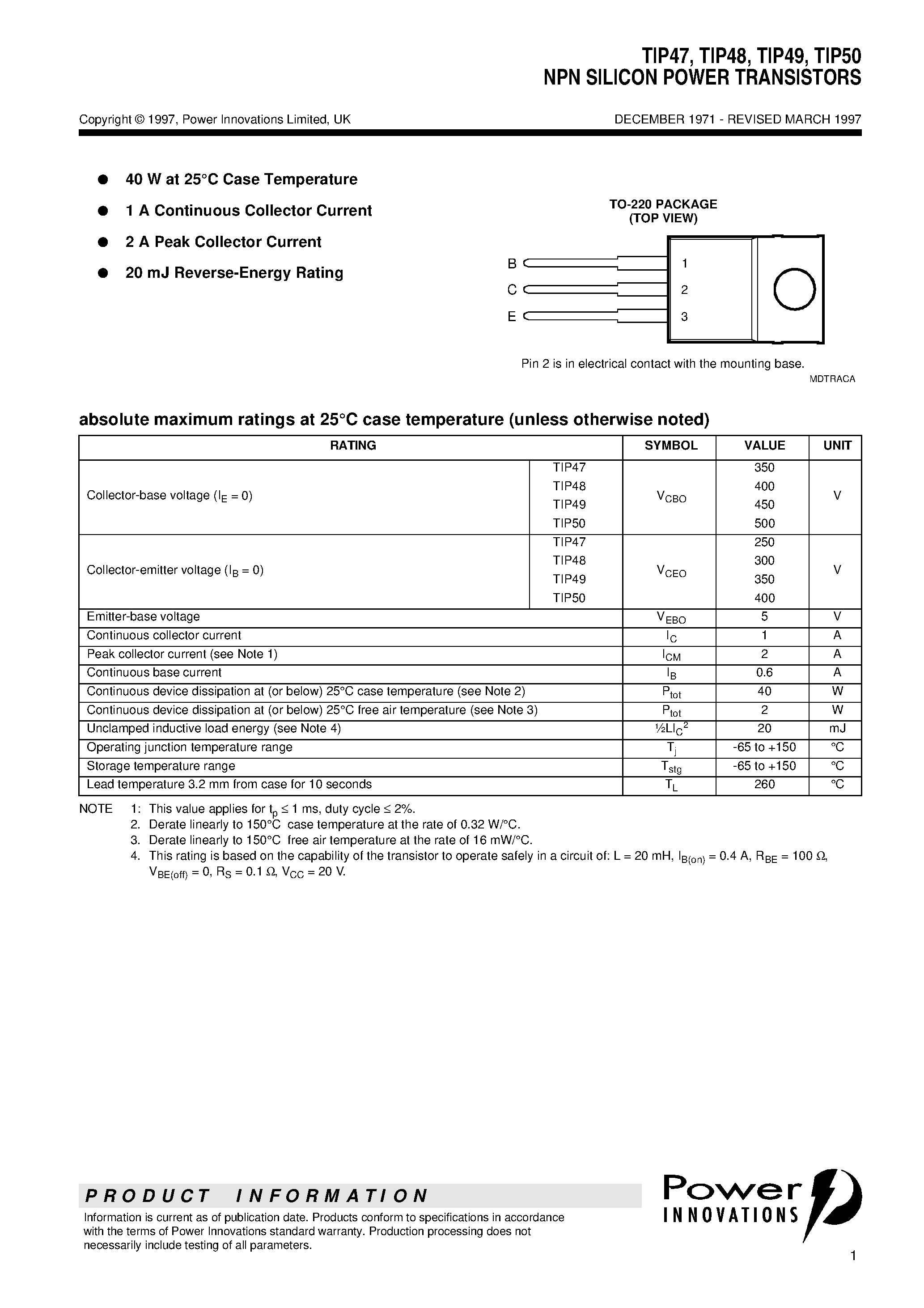 Datasheet TIP50 page 1 Datasheet TIP50 - NPN SILICON POWER TRANSISTORS page 1