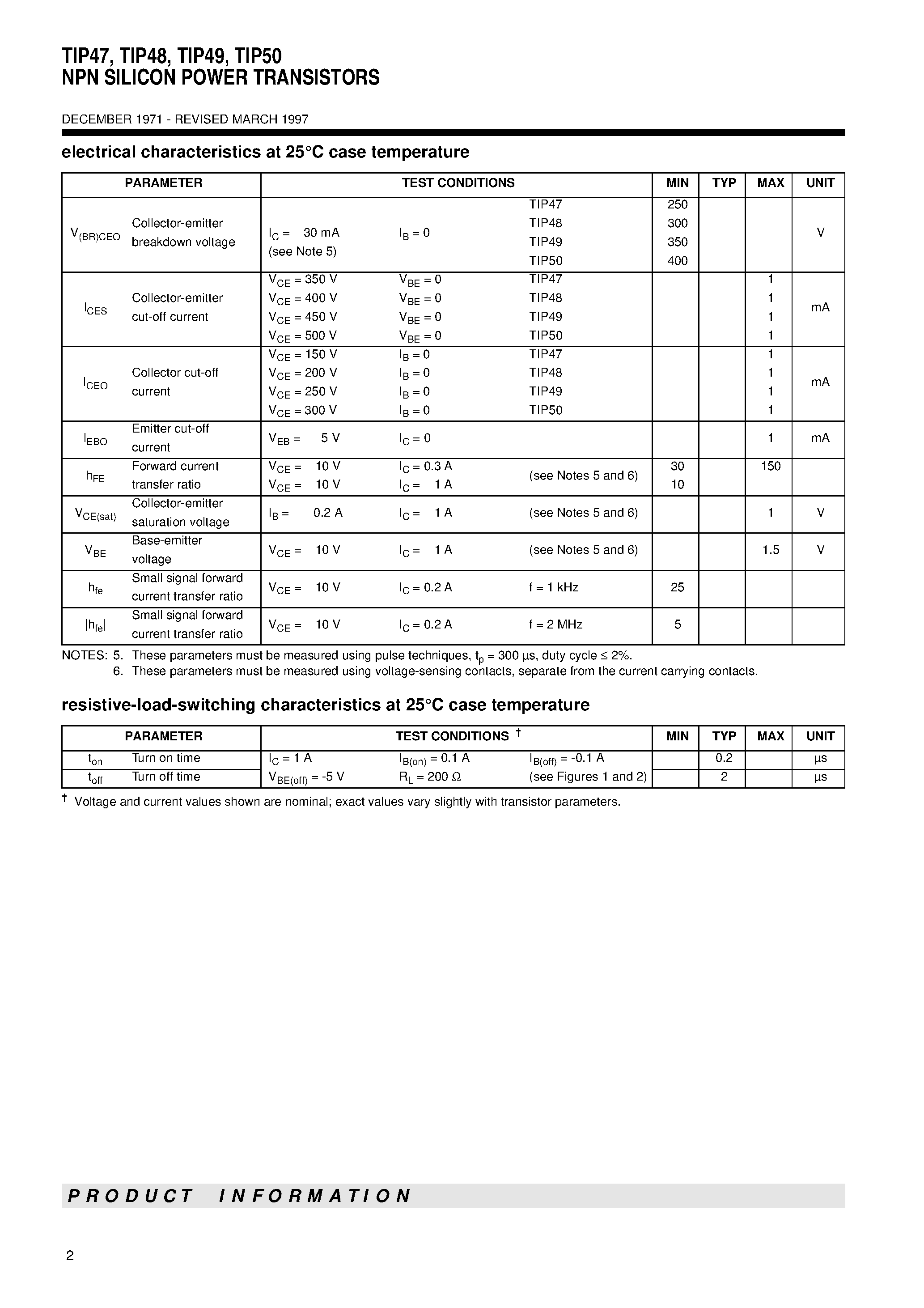 Datasheet TIP50 page 2 Datasheet TIP50 - NPN SILICON POWER TRANSISTORS page 2