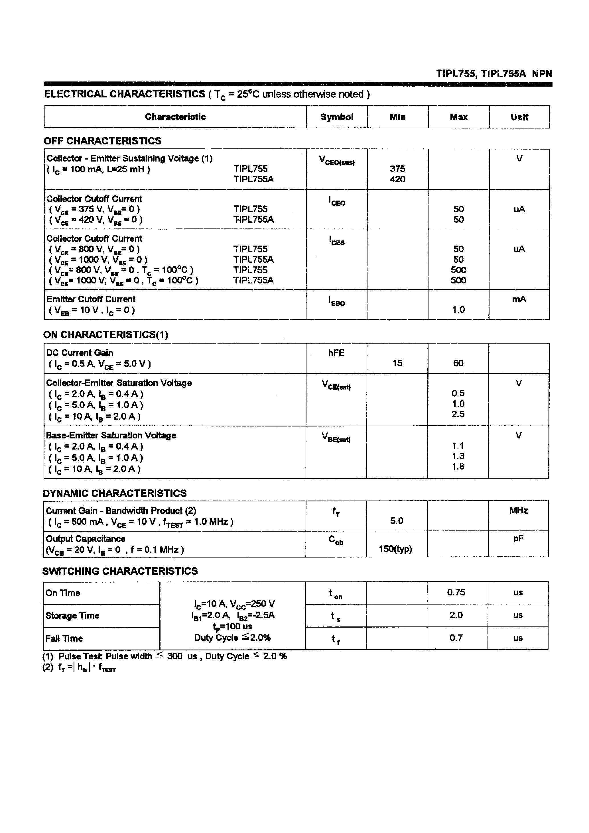Даташит на микросхему TIPL755 страница 2 Даташит TIPL755 - POWER TRANSISTORS(10A/375-420V/180W) страница 2