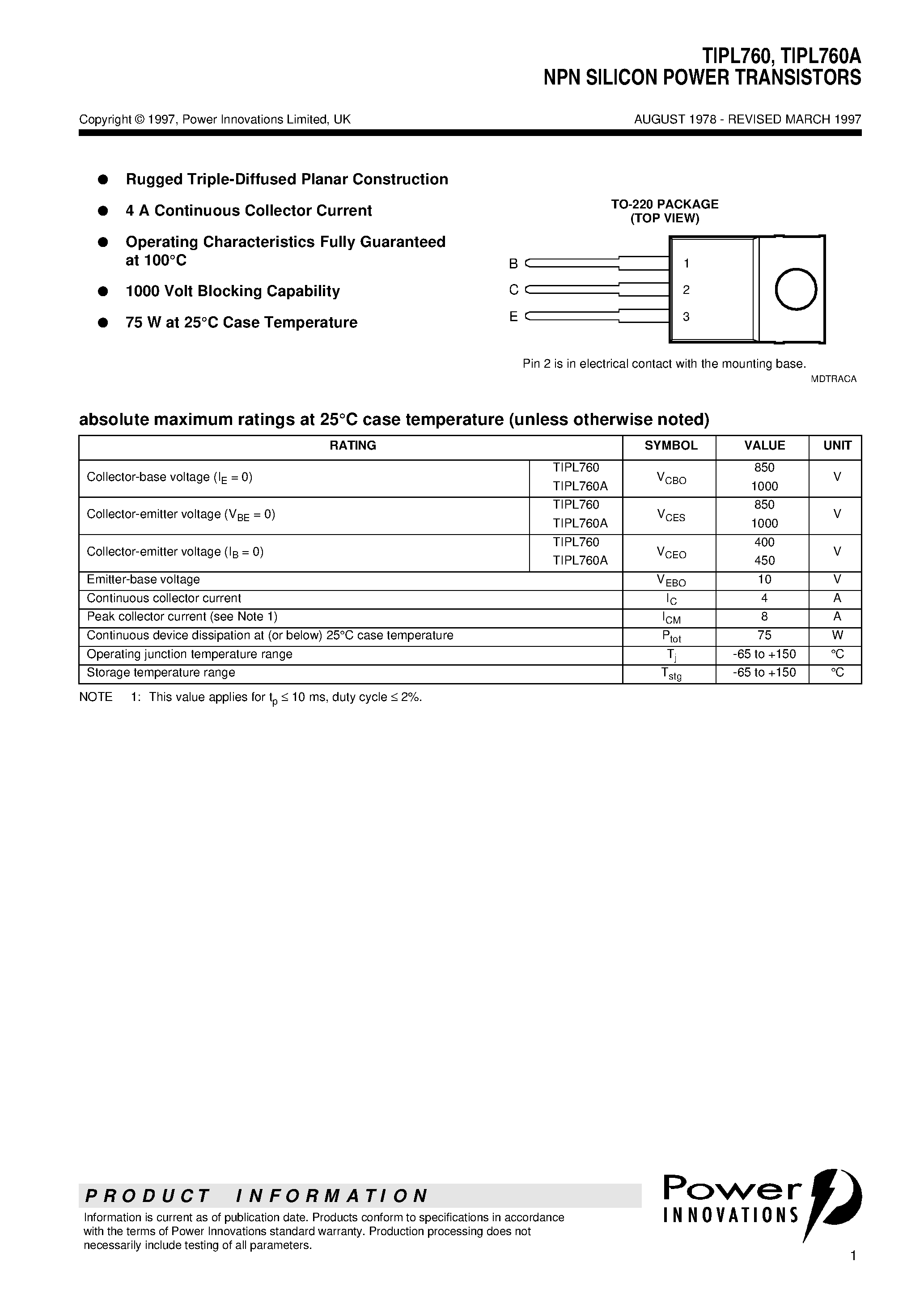 Datasheet TIPL760 page 1 Datasheet TIPL760 - NPN SILICON POWER TRANSISTORS page 1